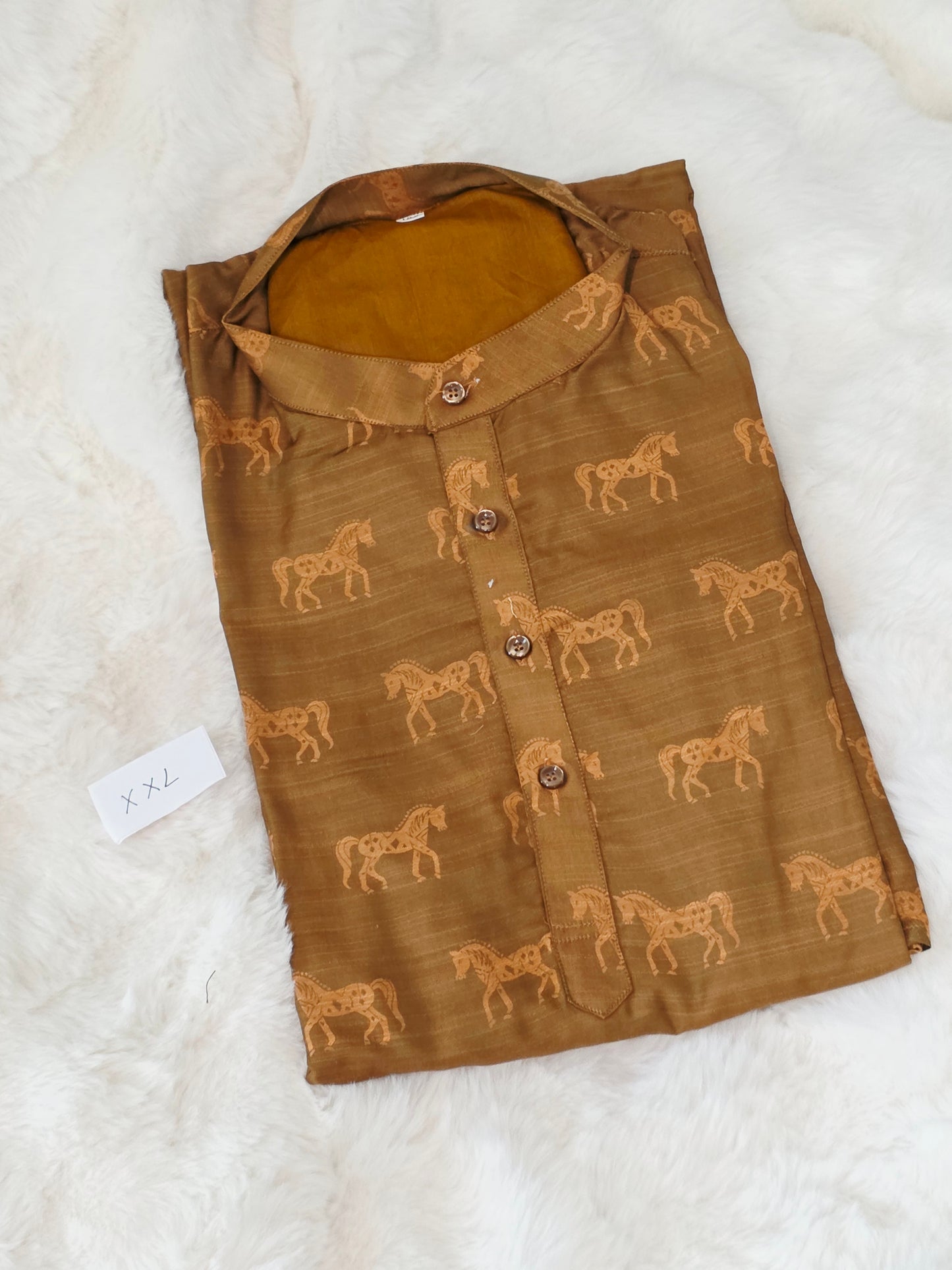 Luxury Desert Bronze Horse Motif Tussar Rawsilk Kurta | XXL