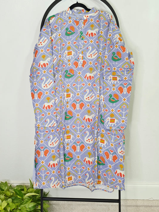 Luxury Lavender Mist Patola Print Tussar Rawsilk Kurta | XXL