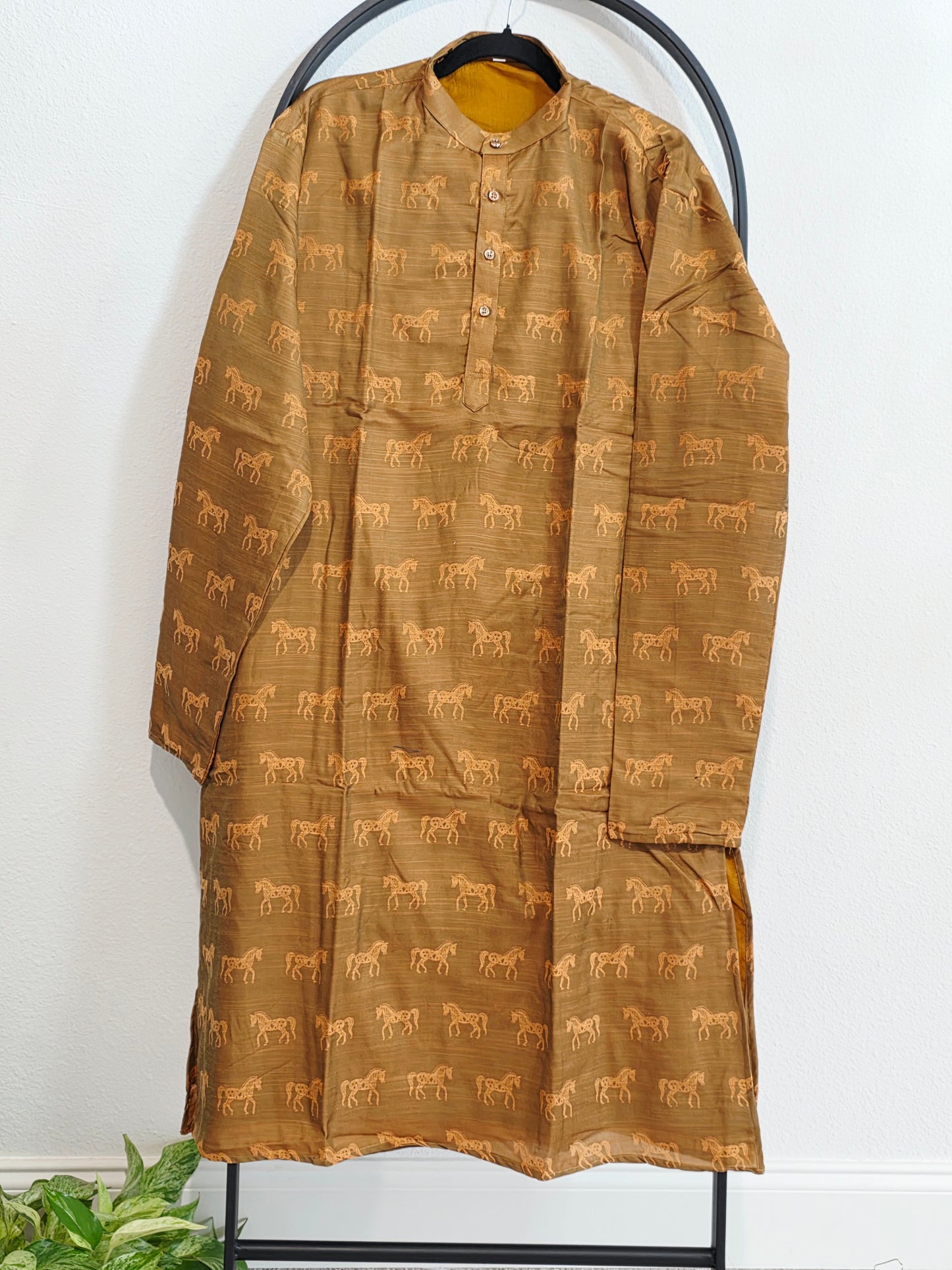 Luxury Desert Bronze Horse Motif Tussar Rawsilk Kurta | XXL