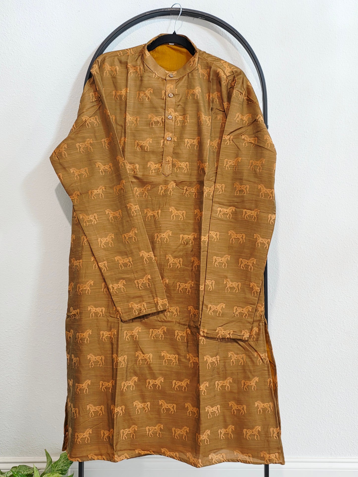 Luxury Desert Bronze Horse Motif Tussar Rawsilk Kurta | XXL