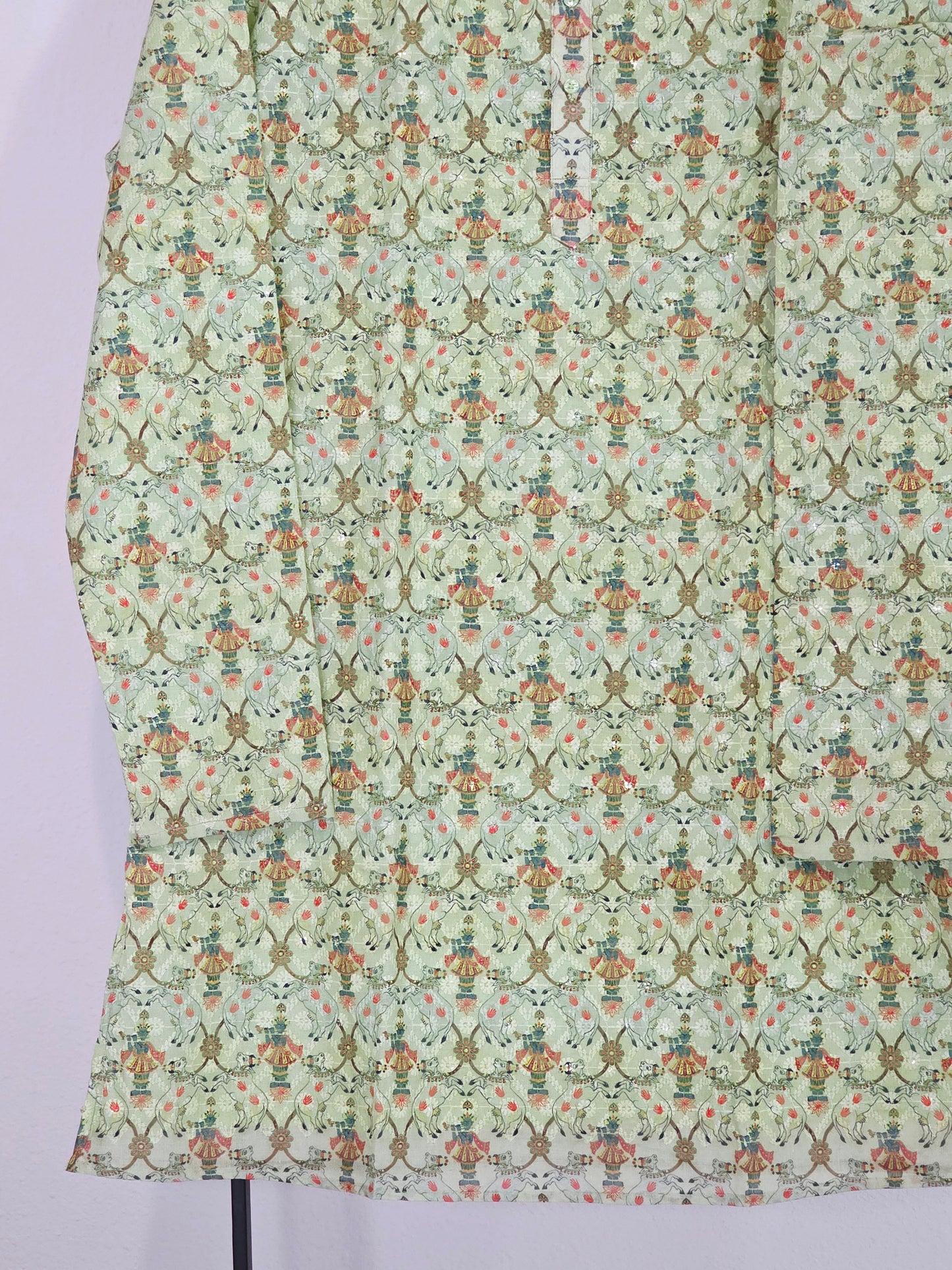 Luxury Sage Ivory Chikankari Sequin Lord Krishna Print Tussar Rawsilk Kurta | XL