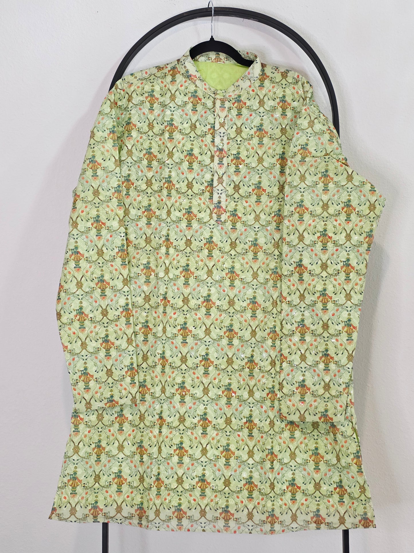 Luxury Sage Ivory Chikankari Sequin Lord Krishna Print Tussar Rawsilk Kurta | XL