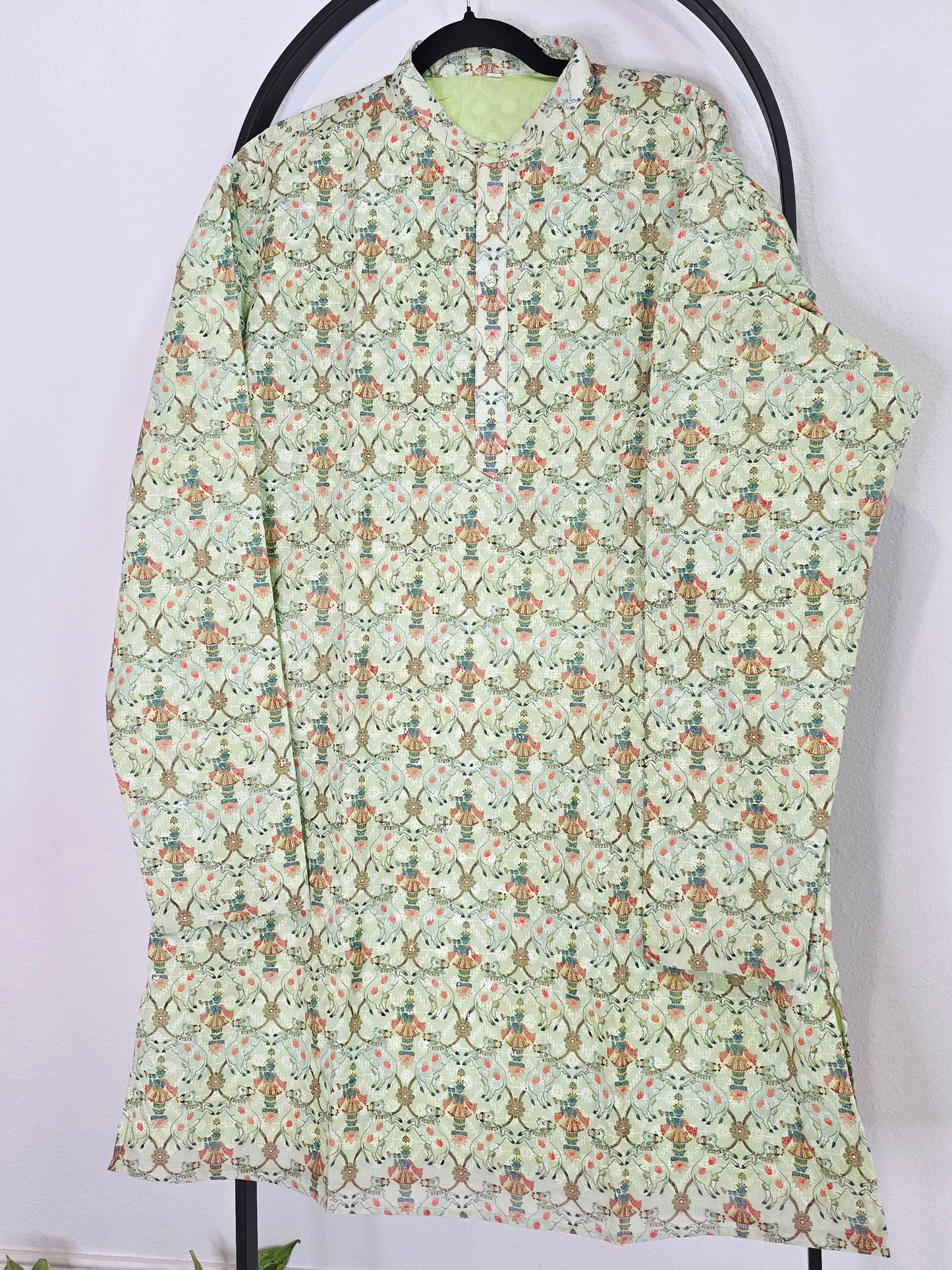 Luxury Sage Ivory Chikankari Sequin Lord Krishna Print Tussar Rawsilk Kurta | XL