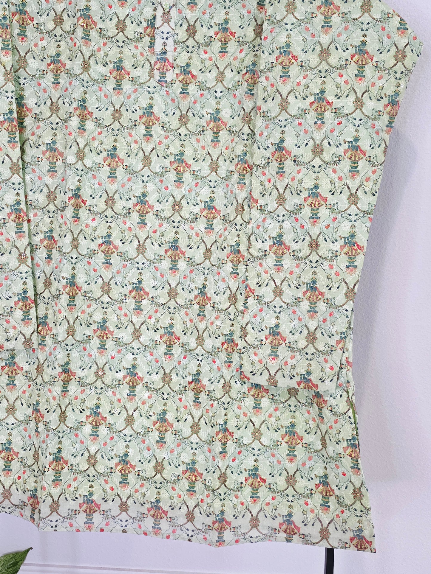 Luxury Sage Ivory Chikankari Sequin Lord Krishna Print Tussar Rawsilk Kurta | XL