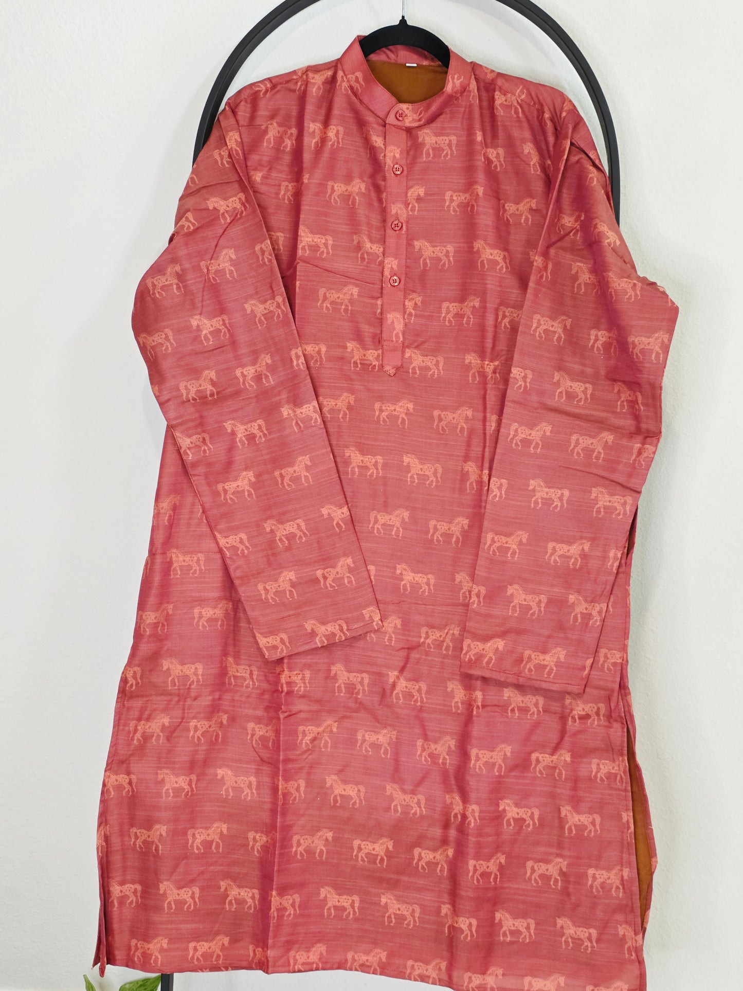 Luxury Rose Coral Horse Motif Tussar Rawsilk Kurta | XL
