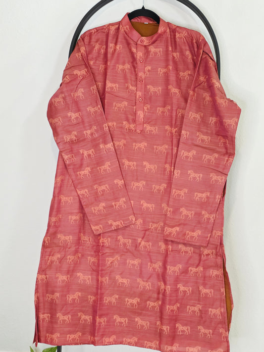 Luxury Rose Coral Horse Motif Tussar Rawsilk Kurta | XL