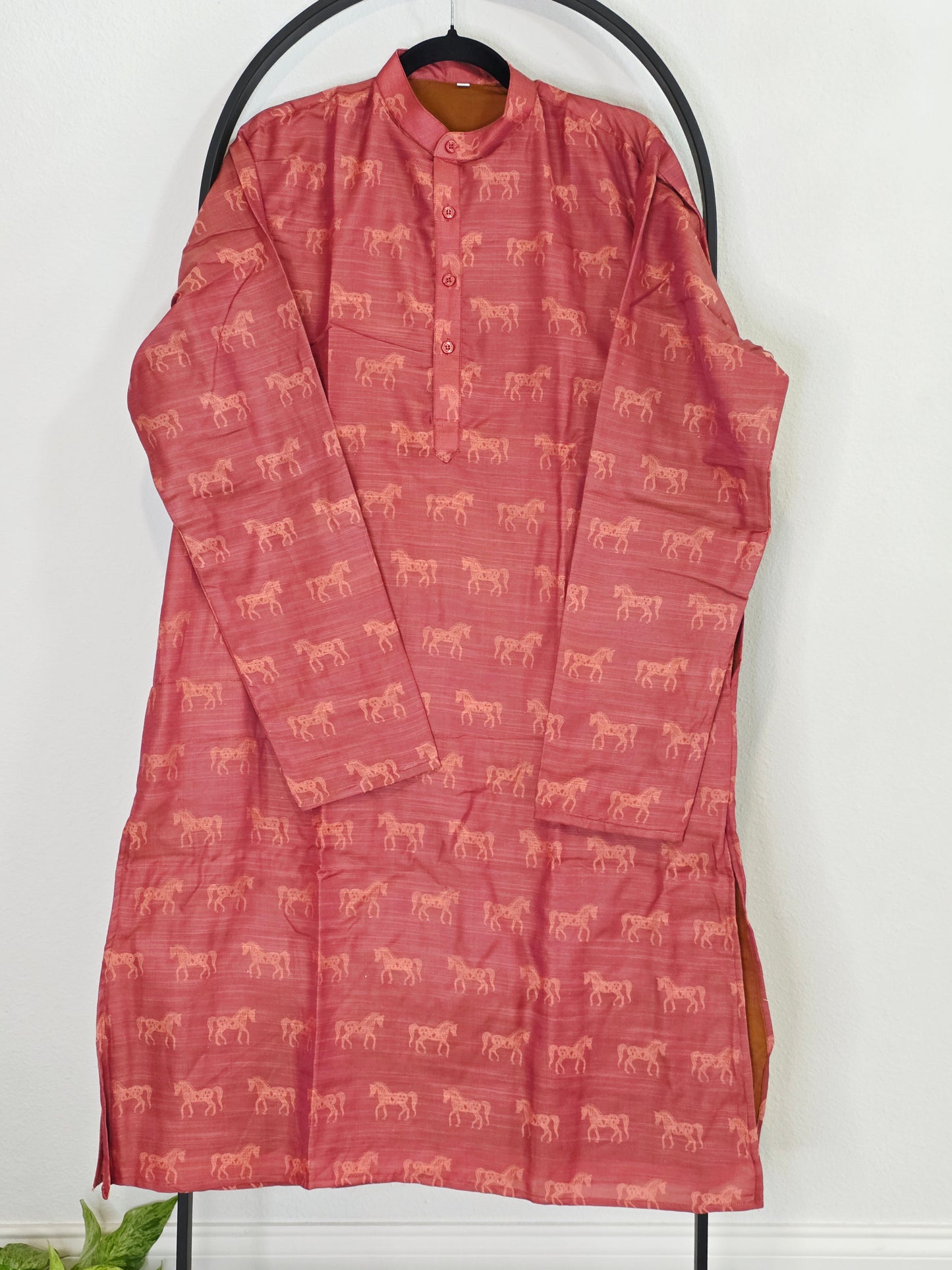 Luxury Rose Coral Horse Motif Tussar Rawsilk Kurta | XL