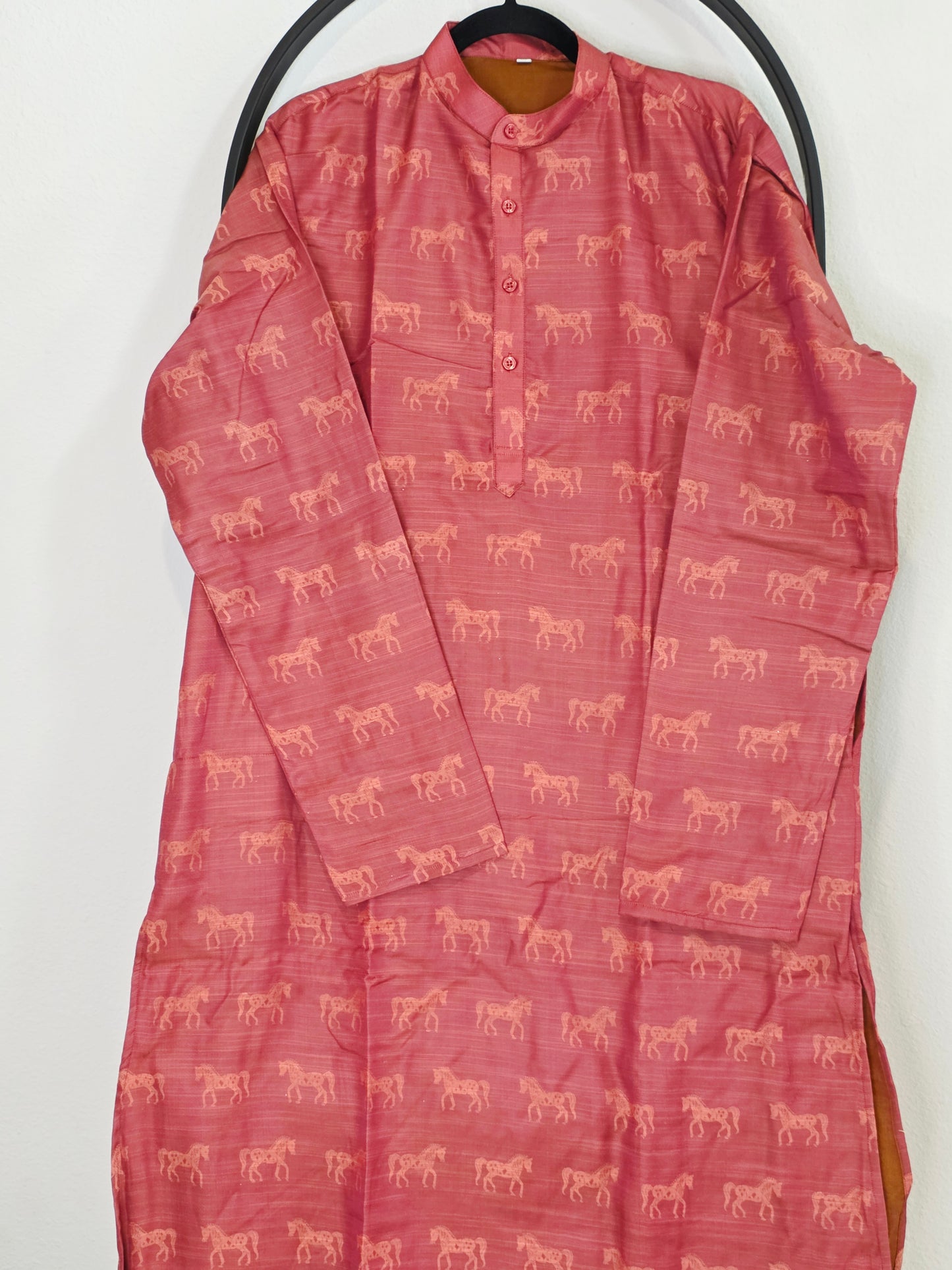 Luxury Rose Coral Horse Motif Tussar Rawsilk Kurta | XL