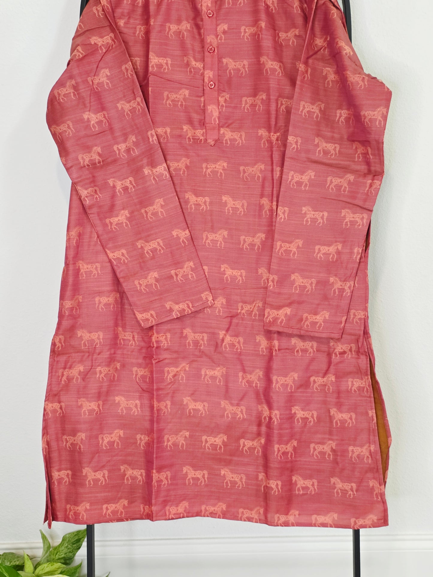 Luxury Rose Coral Horse Motif Tussar Rawsilk Kurta | XL