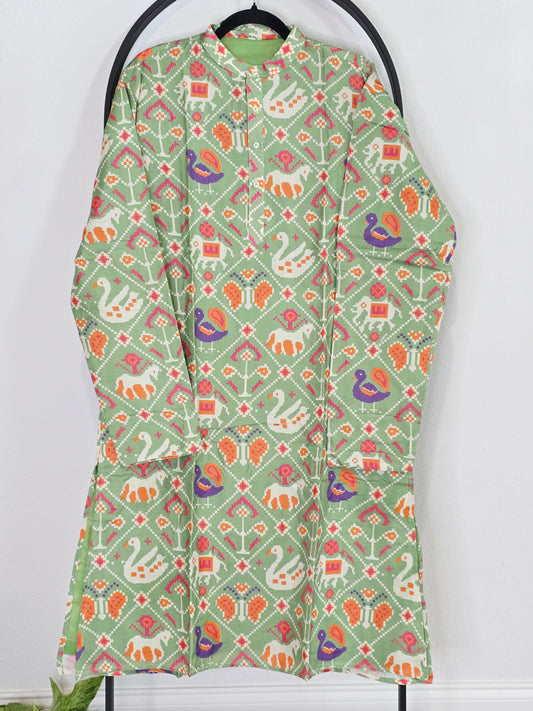 Luxury Mint Pistachio Patola Print Tussar Rawsilk Kurta for Men | XL Festive Ethnic Wear
