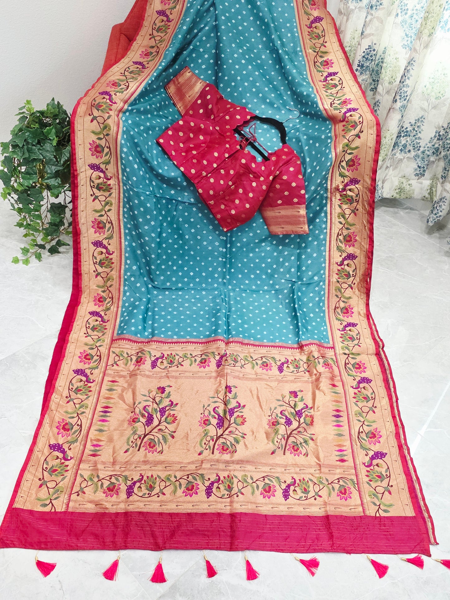 Aqua Teal Munga Silk Bandhani Saree with Paithani Zari Border & Floral Pallu Designer Stitched Blouse
