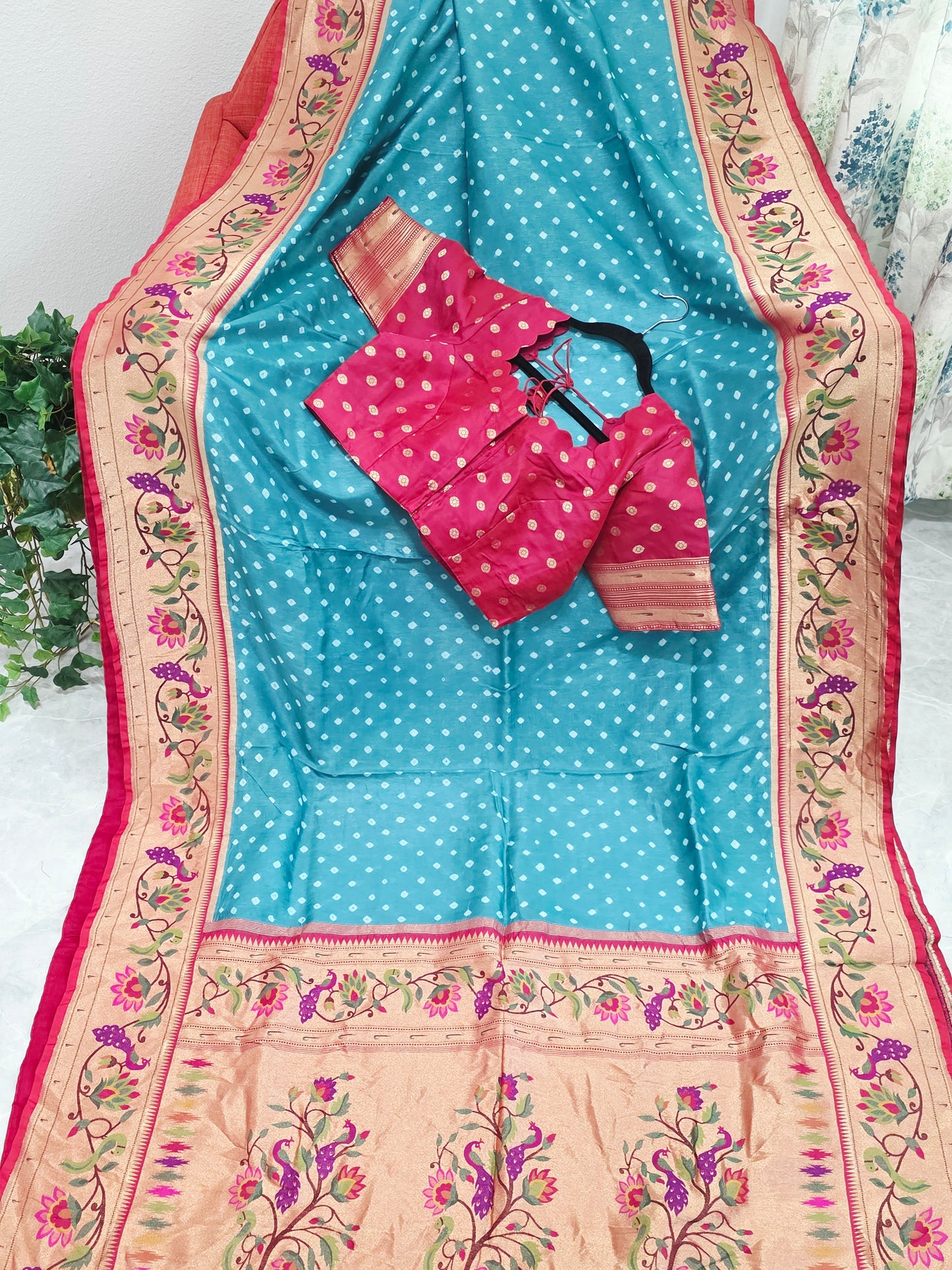Aqua Teal Munga Silk Bandhani Saree with Paithani Zari Border & Floral Pallu Designer Stitched Blouse