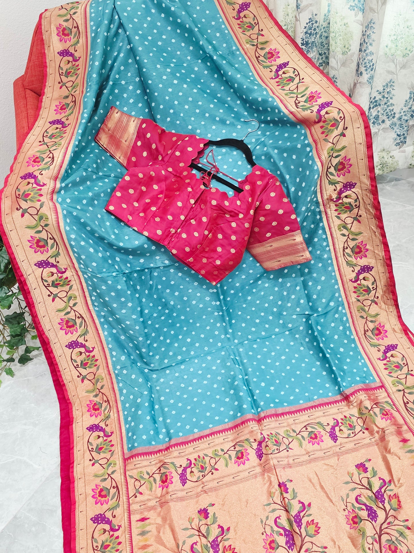 Aqua Teal Munga Silk Bandhani Saree with Paithani Zari Border & Floral Pallu Designer Stitched Blouse