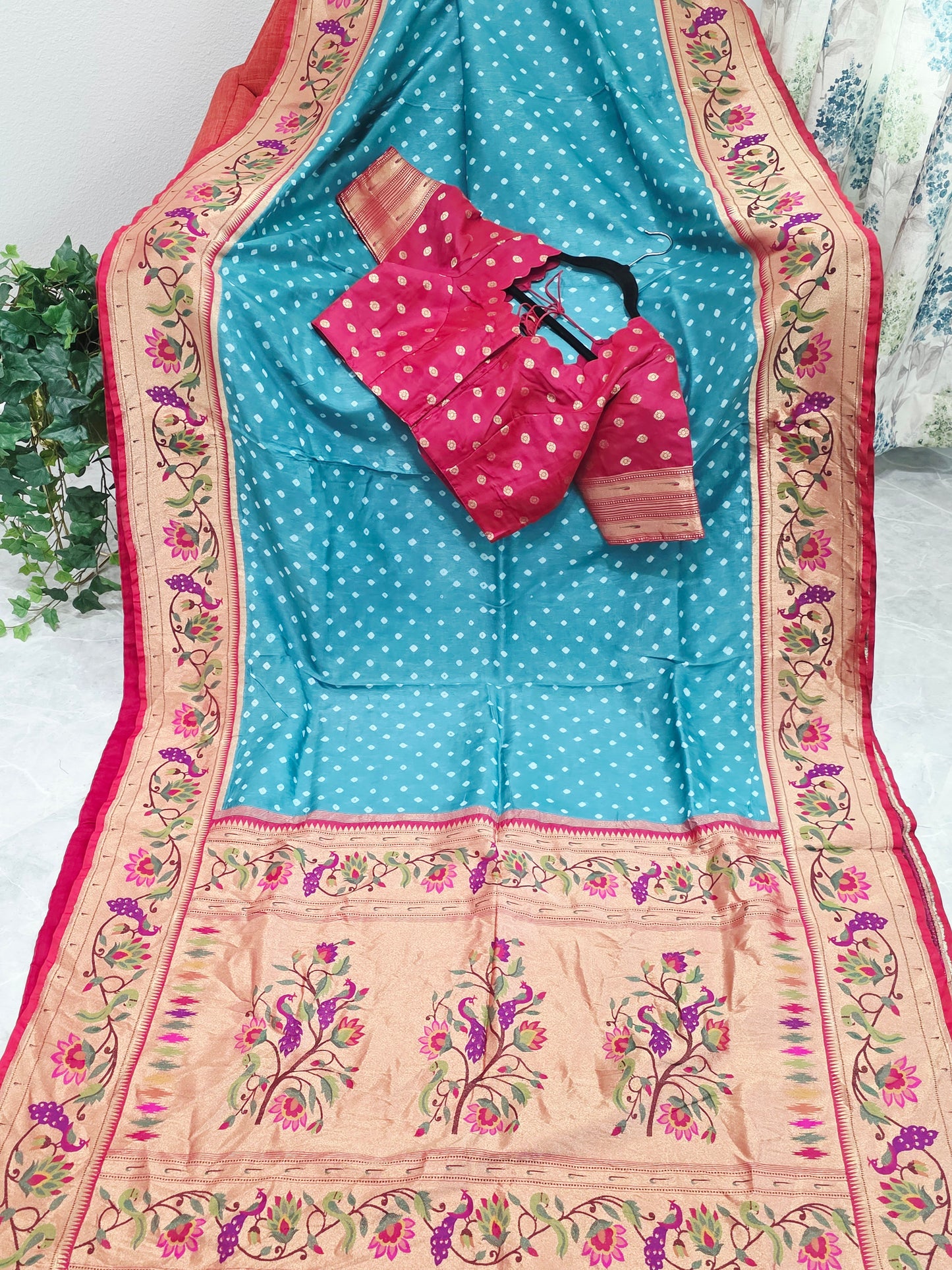 Aqua Teal Munga Silk Bandhani Saree with Paithani Zari Border & Floral Pallu Designer Stitched Blouse