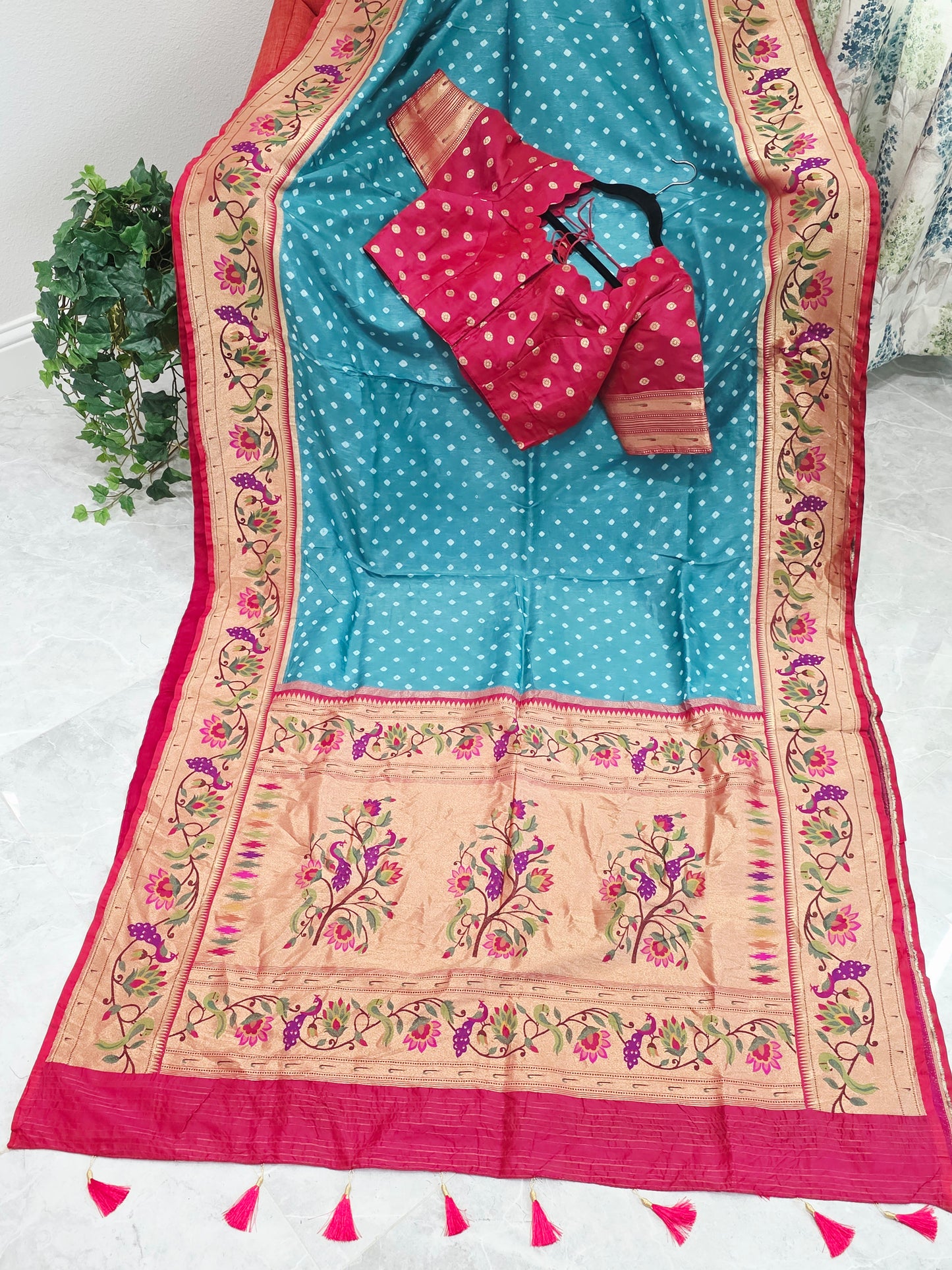 Aqua Teal Munga Silk Bandhani Saree with Paithani Zari Border & Floral Pallu Designer Stitched Blouse