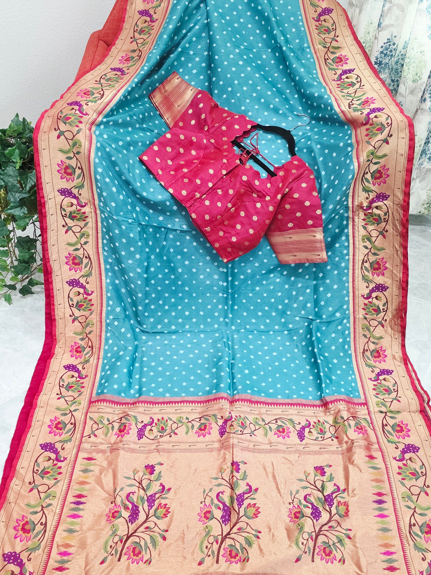 Aqua Teal Munga Silk Bandhani Saree with Paithani Zari Border & Floral Pallu Designer Stitched Blouse