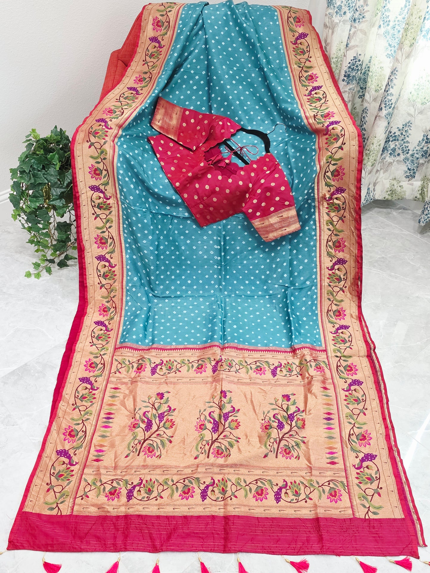 Aqua Teal Munga Silk Bandhani Saree with Paithani Zari Border & Floral Pallu Designer Stitched Blouse