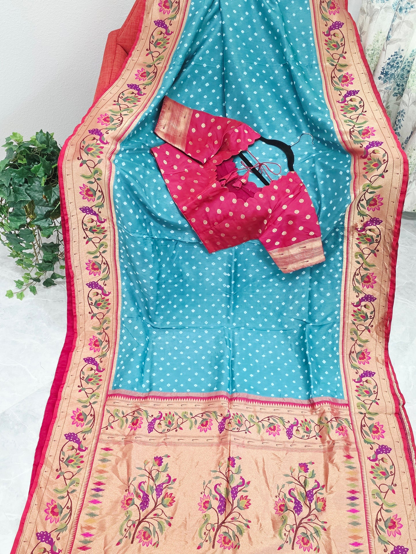 Aqua Teal Munga Silk Bandhani Saree with Paithani Zari Border & Floral Pallu Designer Stitched Blouse
