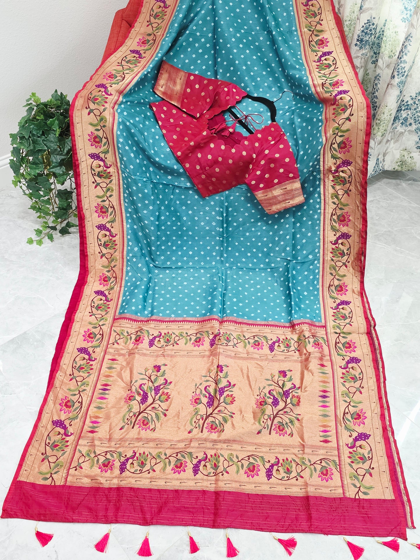 Aqua Teal Munga Silk Bandhani Saree with Paithani Zari Border & Floral Pallu Designer Stitched Blouse