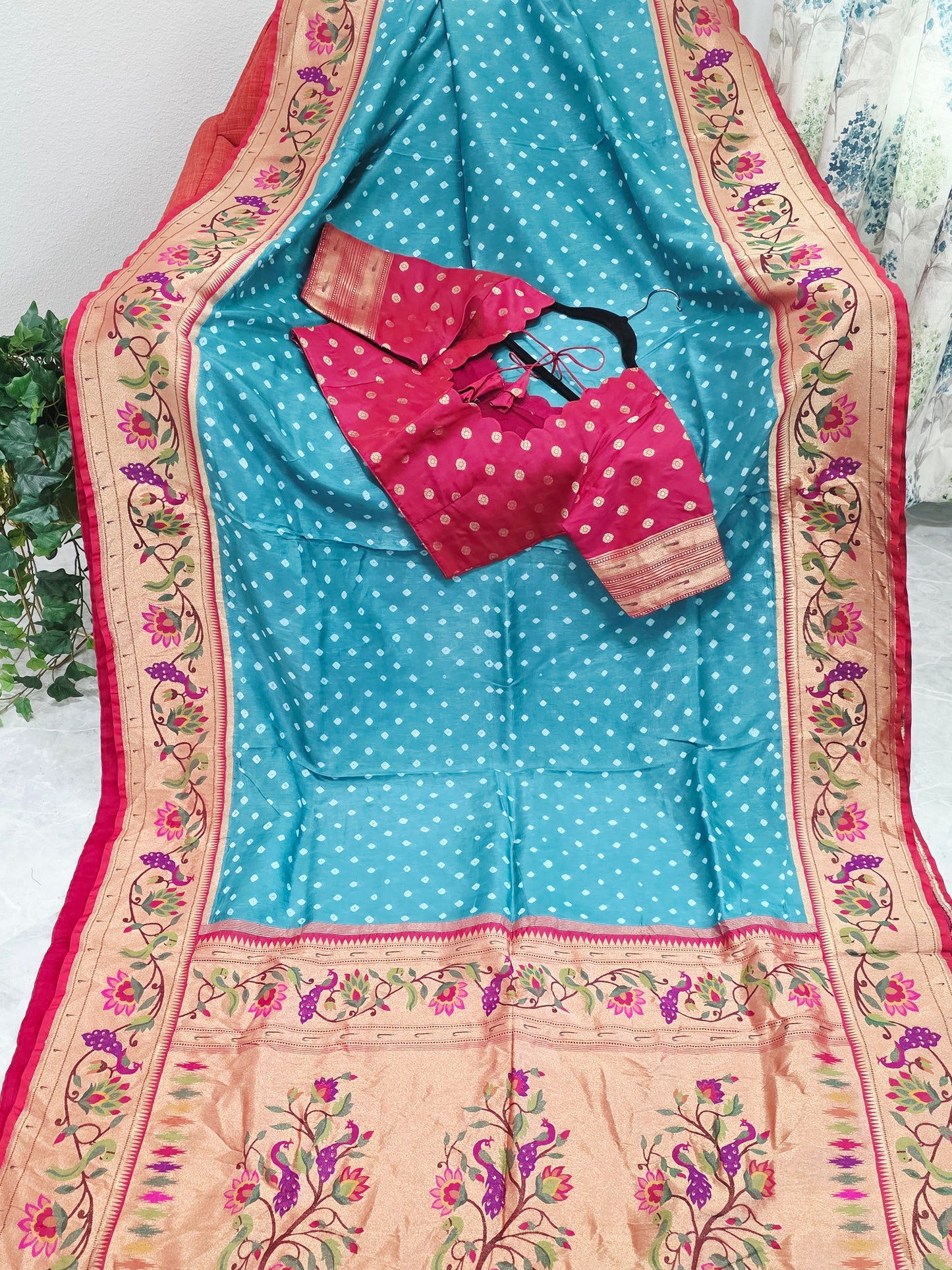 Aqua Teal Munga Silk Bandhani Saree with Paithani Zari Border & Floral Pallu Designer Stitched Blouse