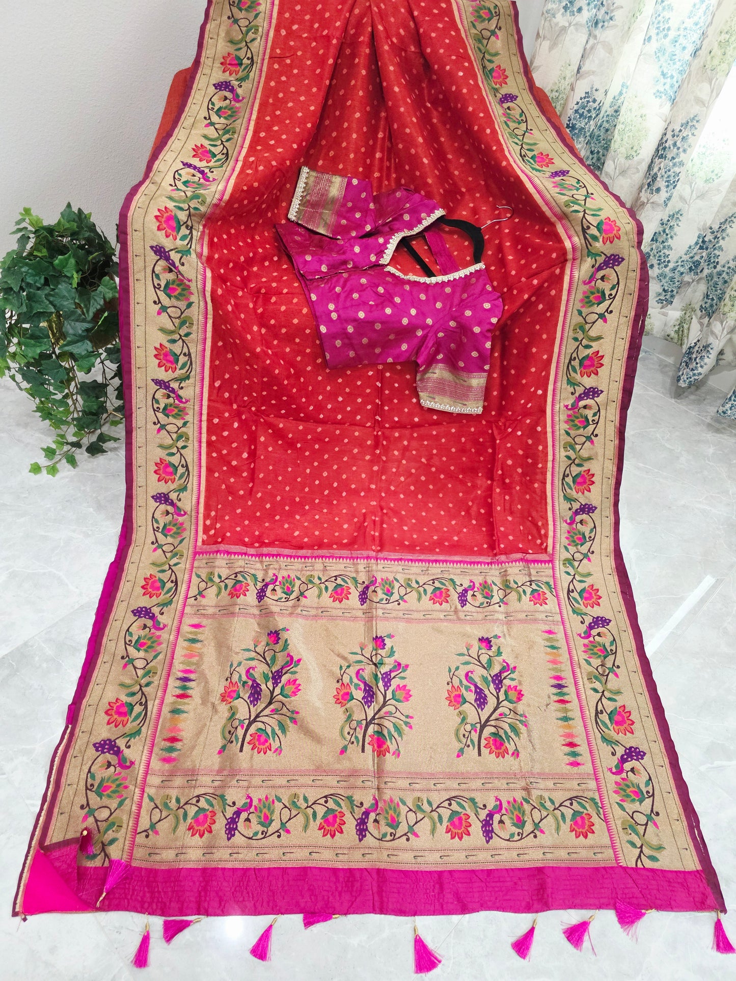 Royal Rust Munga Silk Bandhani Saree with Paithani Zari Border & Floral Pallu Designer Stitched Blouse