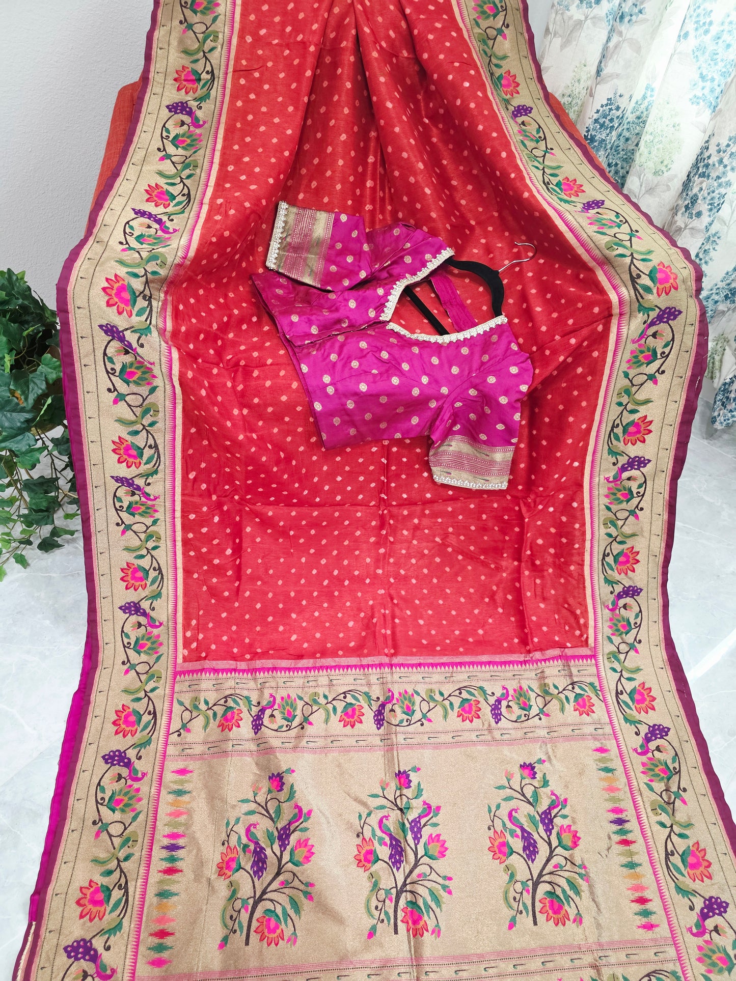 Royal Rust Munga Silk Bandhani Saree with Paithani Zari Border & Floral Pallu Designer Stitched Blouse