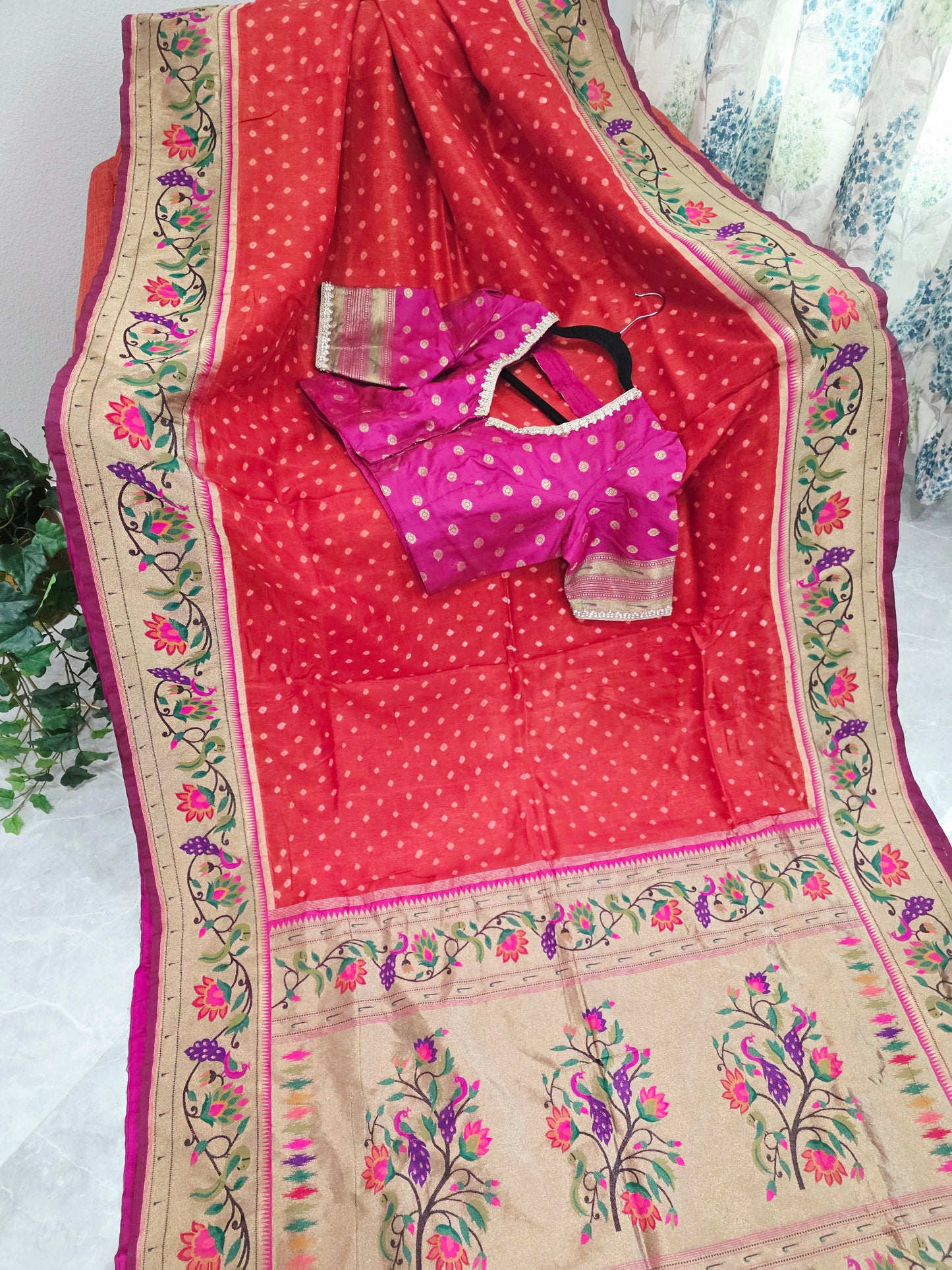 Royal Rust Munga Silk Bandhani Saree with Paithani Zari Border & Floral Pallu Designer Stitched Blouse