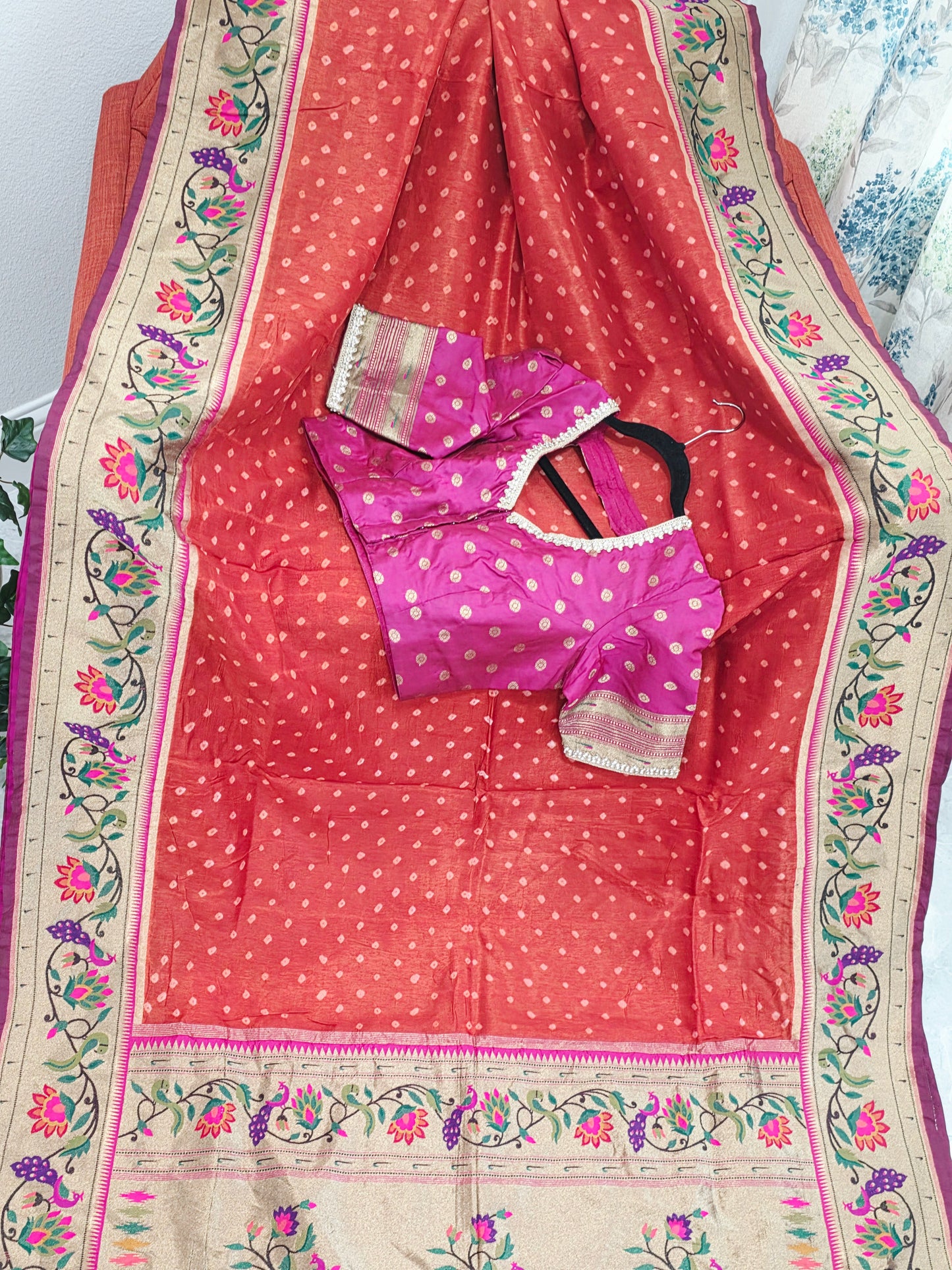 Royal Rust Munga Silk Bandhani Saree with Paithani Zari Border & Floral Pallu Designer Stitched Blouse