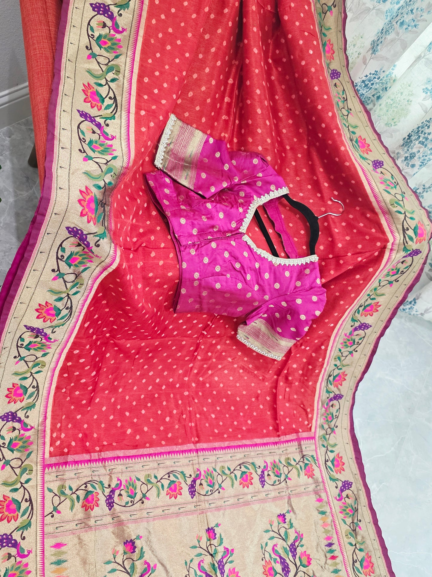 Royal Rust Munga Silk Bandhani Saree with Paithani Zari Border & Floral Pallu Designer Stitched Blouse
