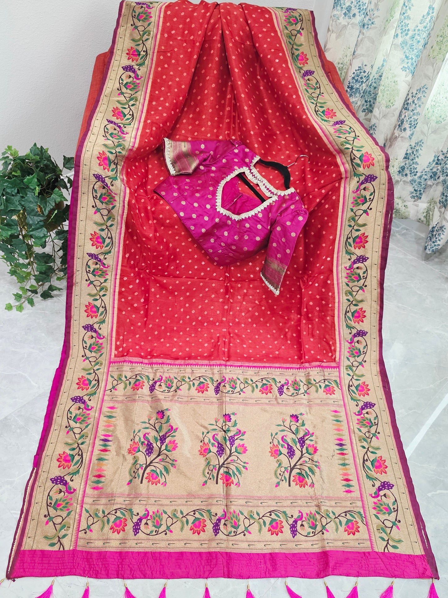 Royal Rust Munga Silk Bandhani Saree with Paithani Zari Border & Floral Pallu Designer Stitched Blouse