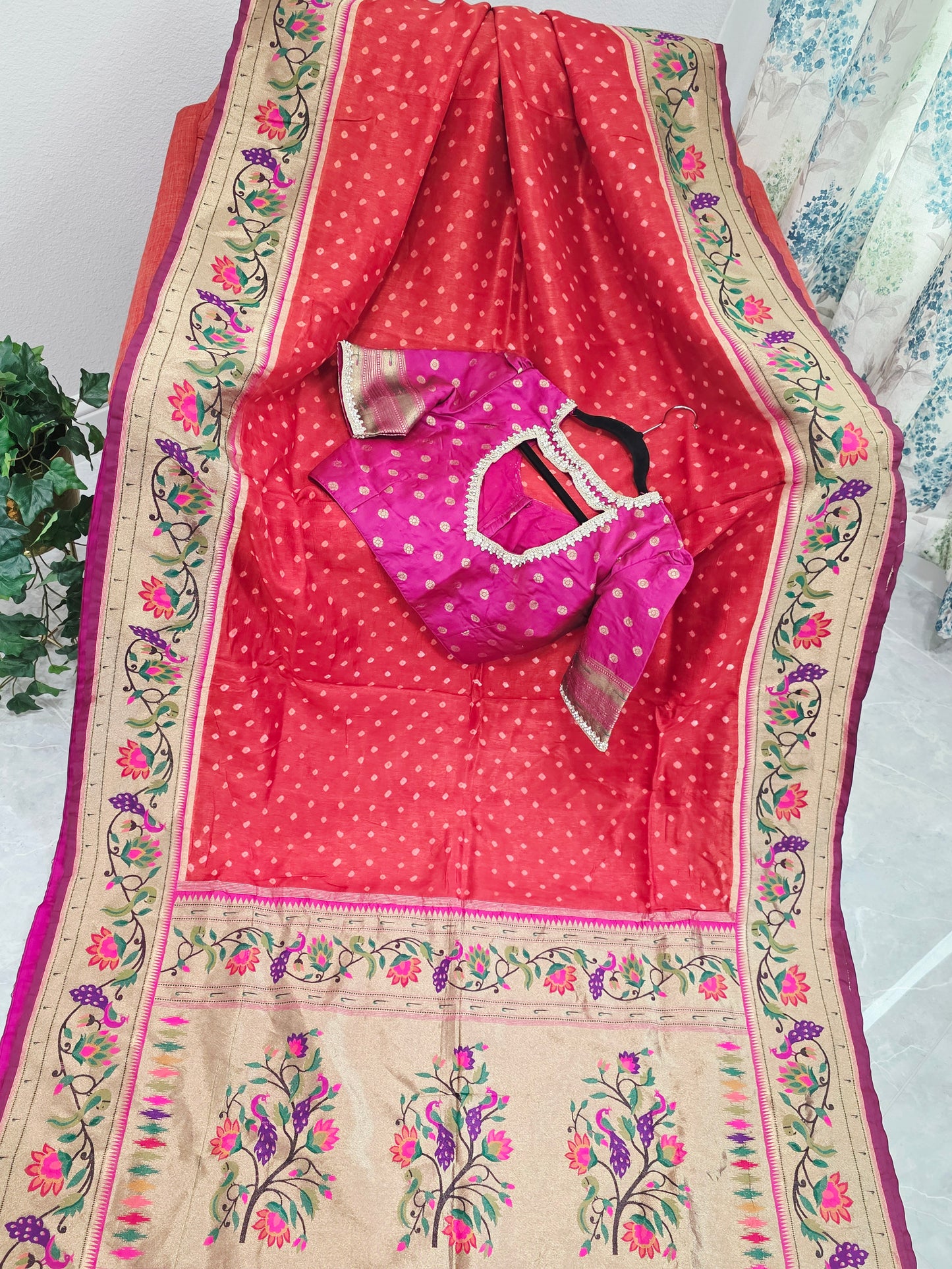 Royal Rust Munga Silk Bandhani Saree with Paithani Zari Border & Floral Pallu Designer Stitched Blouse