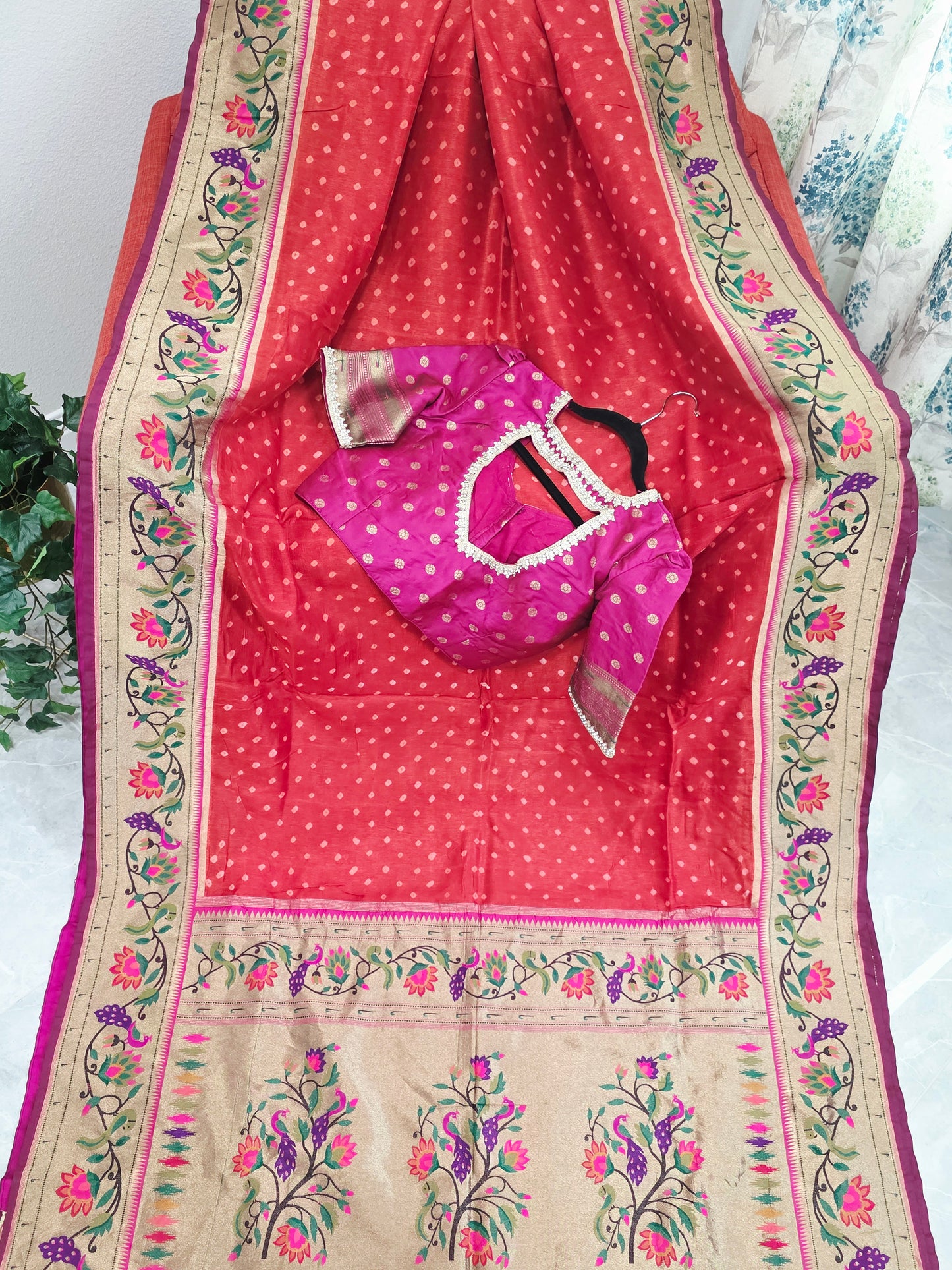 Royal Rust Munga Silk Bandhani Saree with Paithani Zari Border & Floral Pallu Designer Stitched Blouse