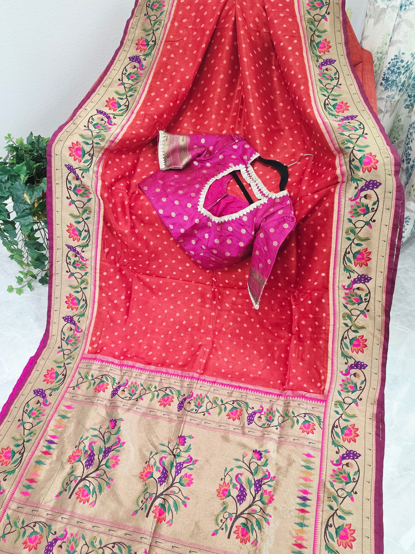 Royal Rust Munga Silk Bandhani Saree with Paithani Zari Border & Floral Pallu Designer Stitched Blouse