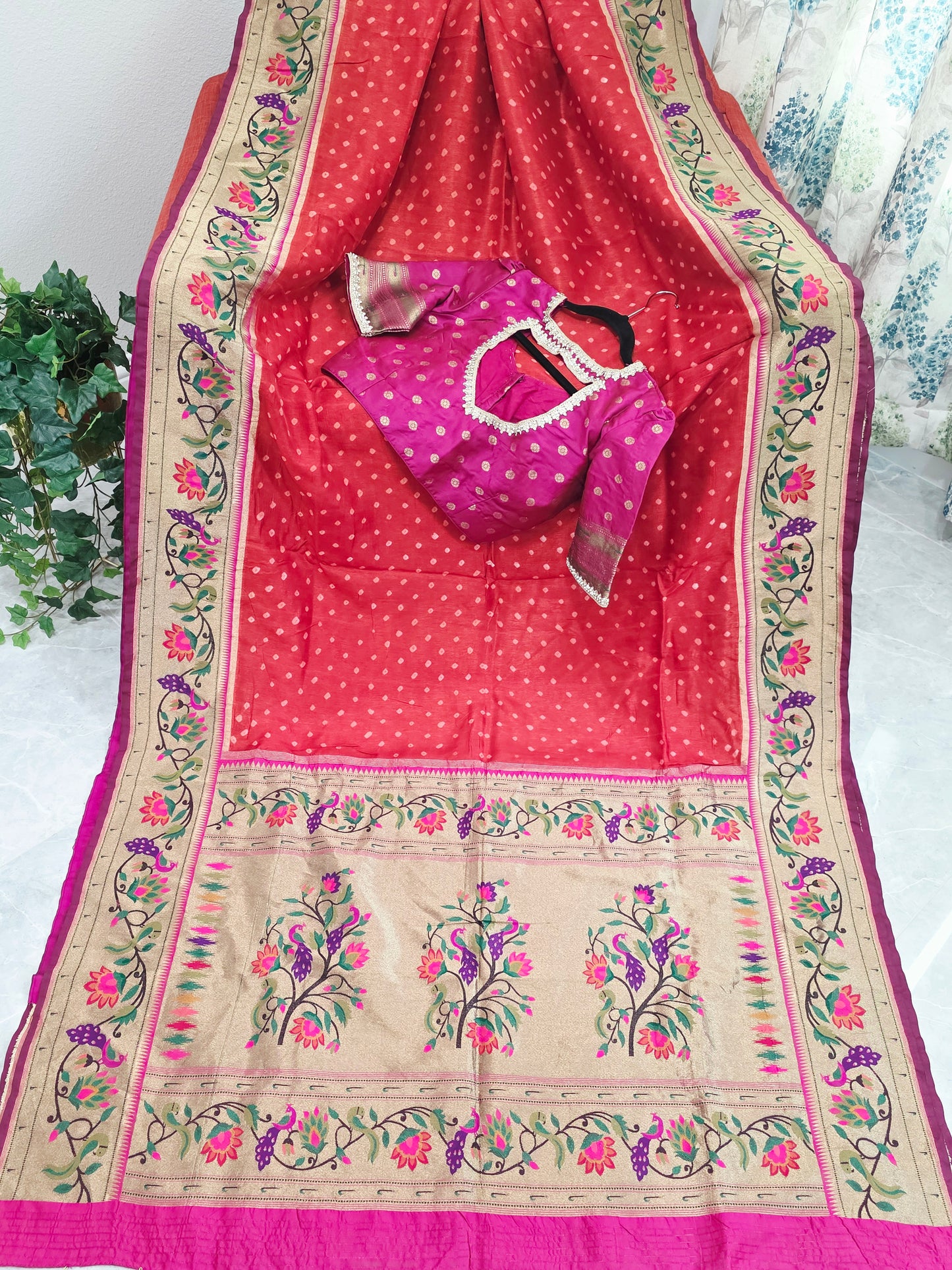 Royal Rust Munga Silk Bandhani Saree with Paithani Zari Border & Floral Pallu Designer Stitched Blouse