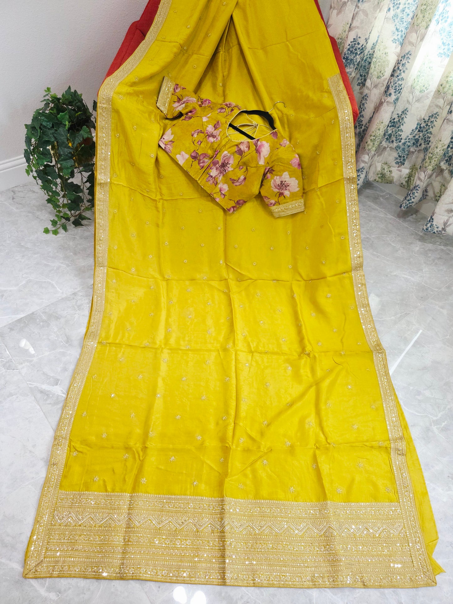 Olive Yellow Sabyasachi Inspired Designer Viscose Crepe Silk Saree with Floral Blouse