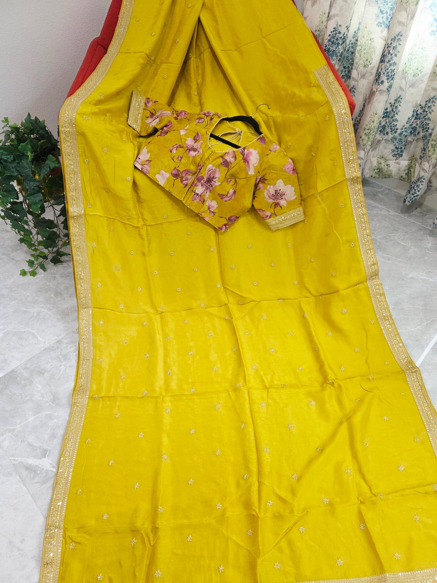 Olive Yellow Sabyasachi Inspired Designer Viscose Crepe Silk Saree with Floral Blouse