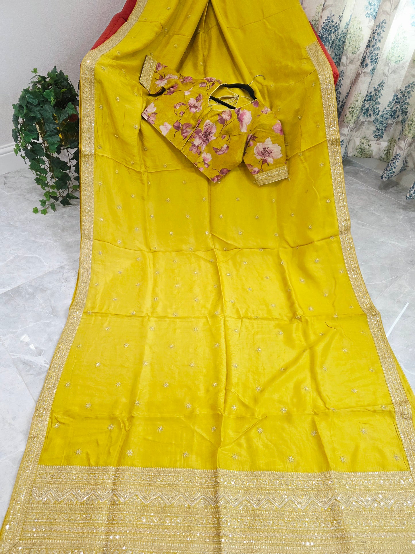 Olive Yellow Sabyasachi Inspired Designer Viscose Crepe Silk Saree with Floral Blouse