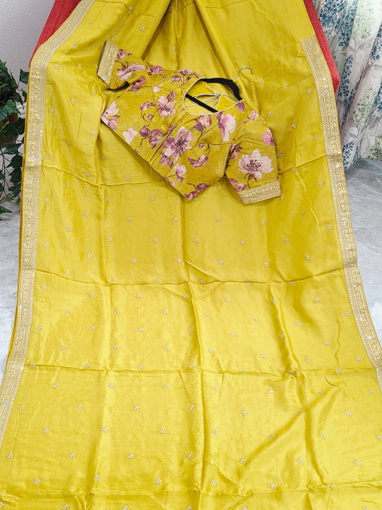 Olive Yellow Sabyasachi Inspired Designer Viscose Crepe Silk Saree with Floral Blouse