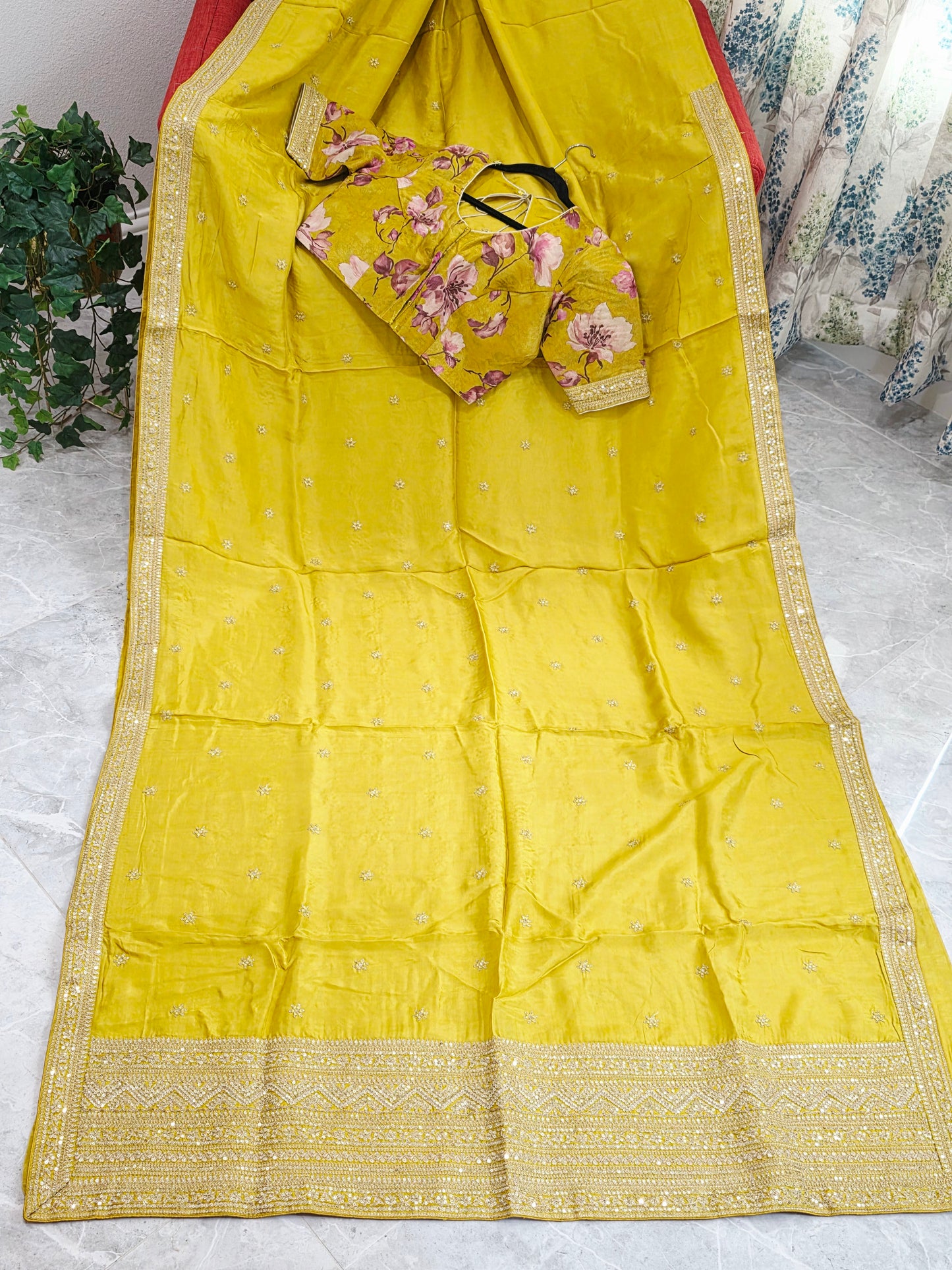 Olive Yellow Sabyasachi Inspired Designer Viscose Crepe Silk Saree with Floral Blouse