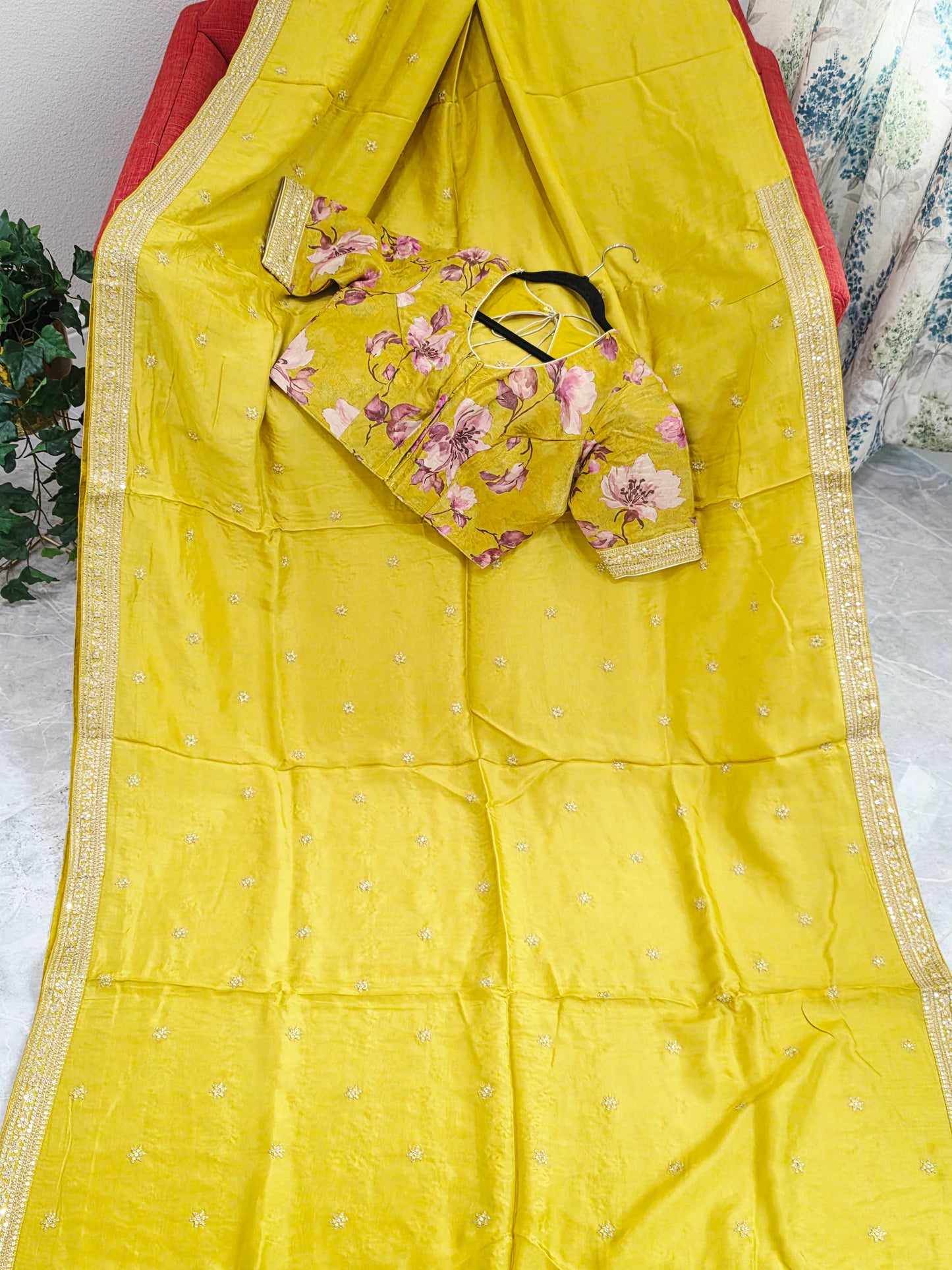 Olive Yellow Sabyasachi Inspired Designer Viscose Crepe Silk Saree with Floral Blouse