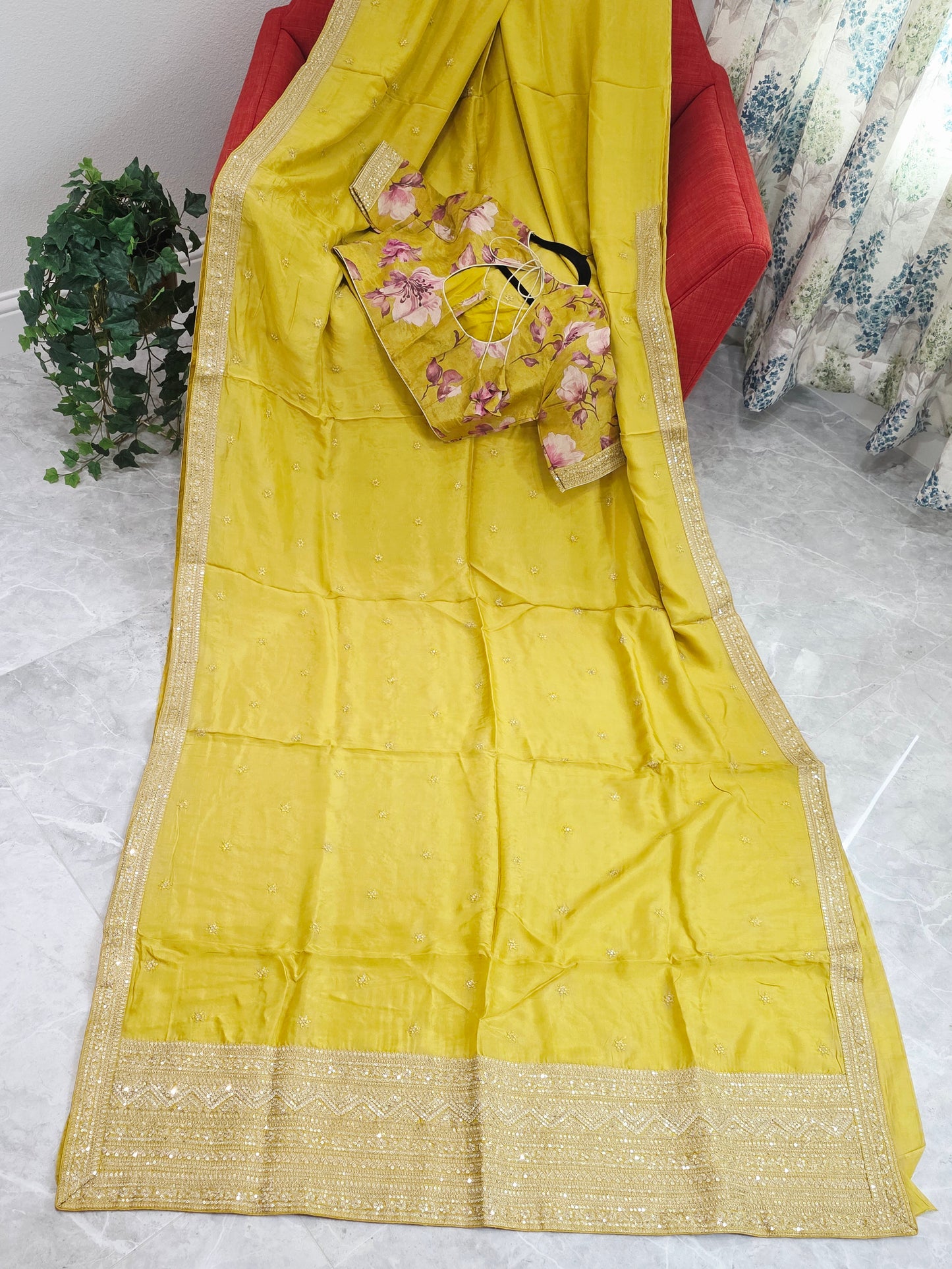 Olive Yellow Sabyasachi Inspired Designer Viscose Crepe Silk Saree with Floral Blouse