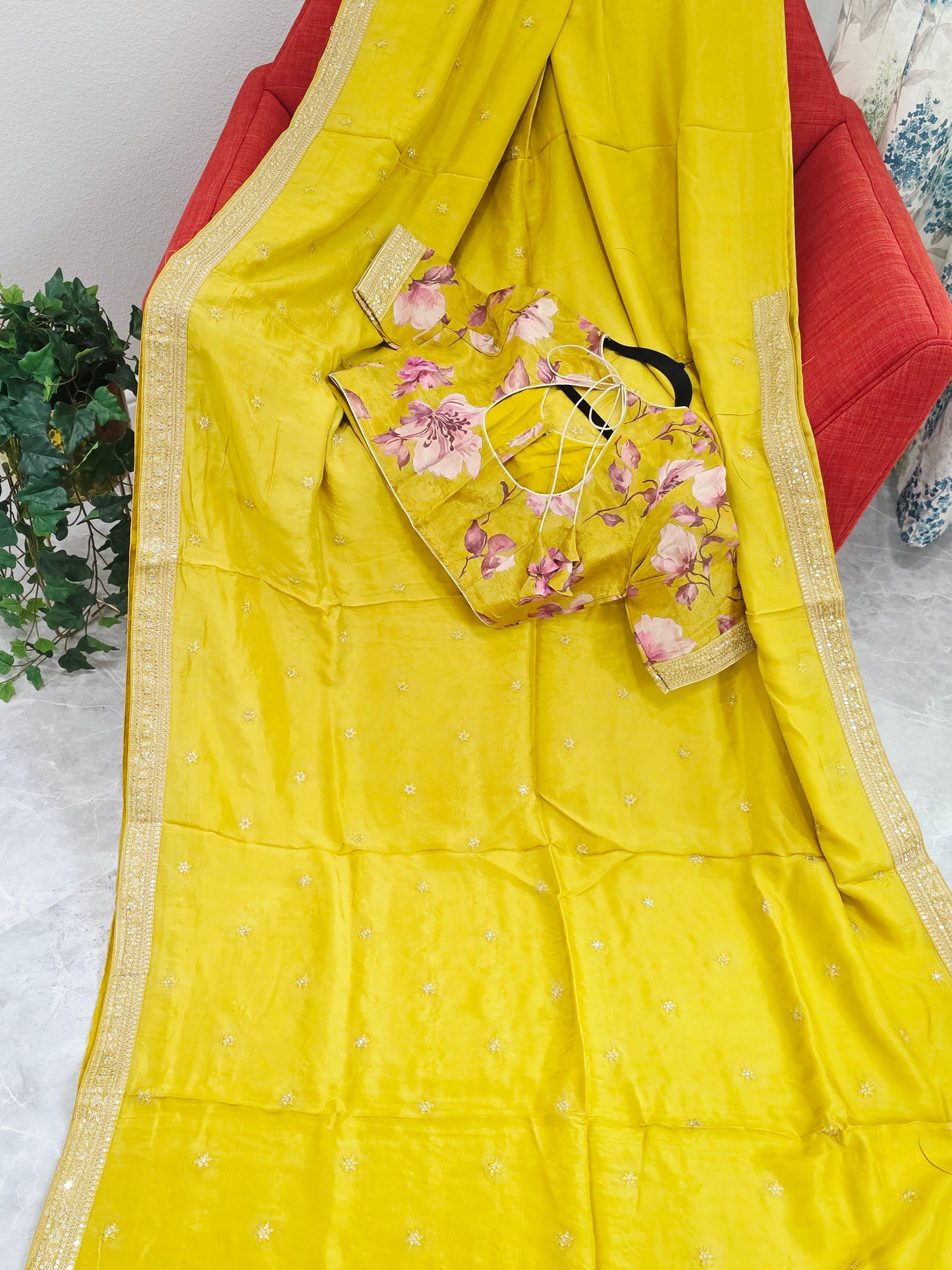 Olive Yellow Sabyasachi Inspired Designer Viscose Crepe Silk Saree with Floral Blouse