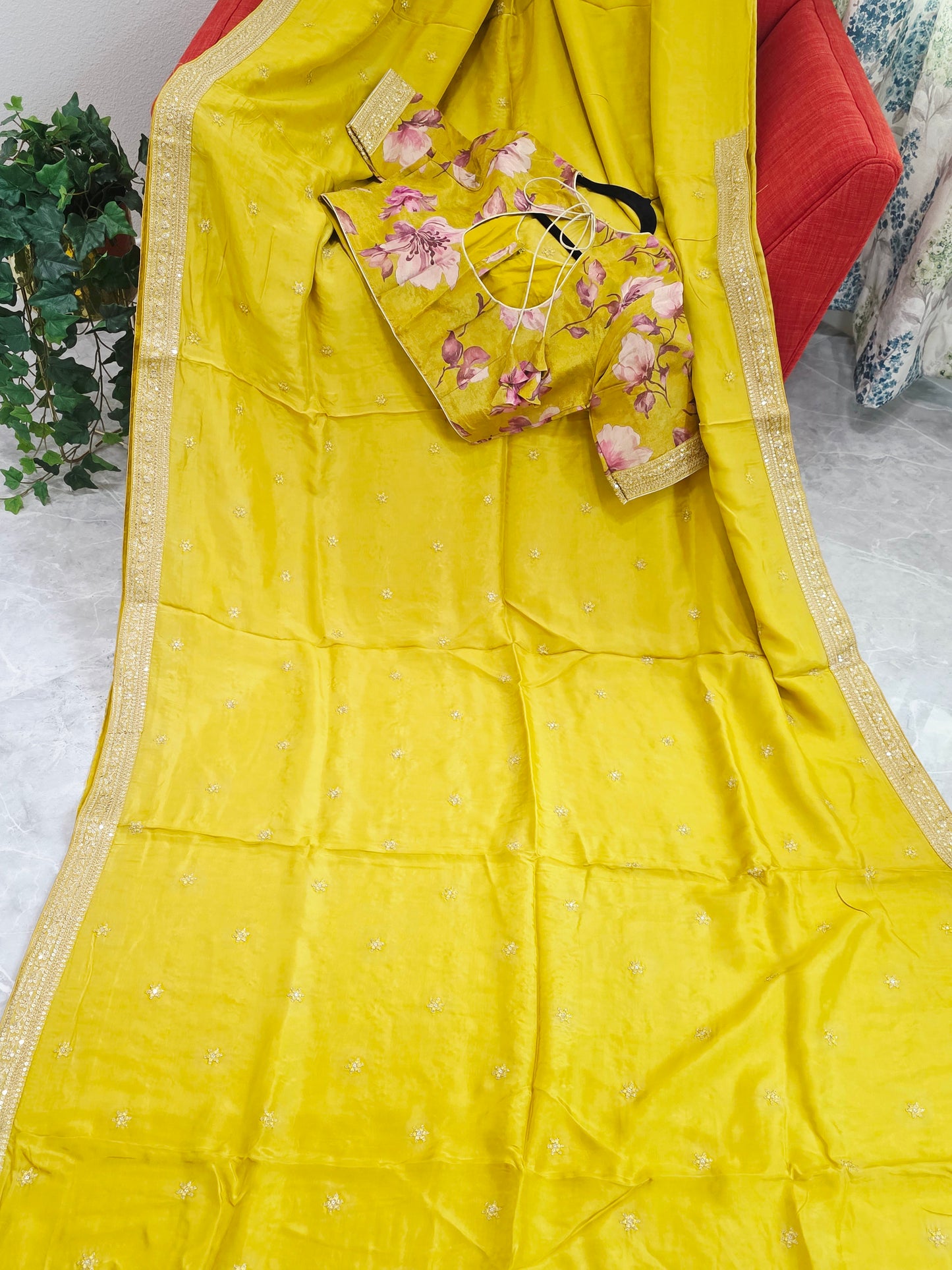 Olive Yellow Sabyasachi Inspired Designer Viscose Crepe Silk Saree with Floral Blouse