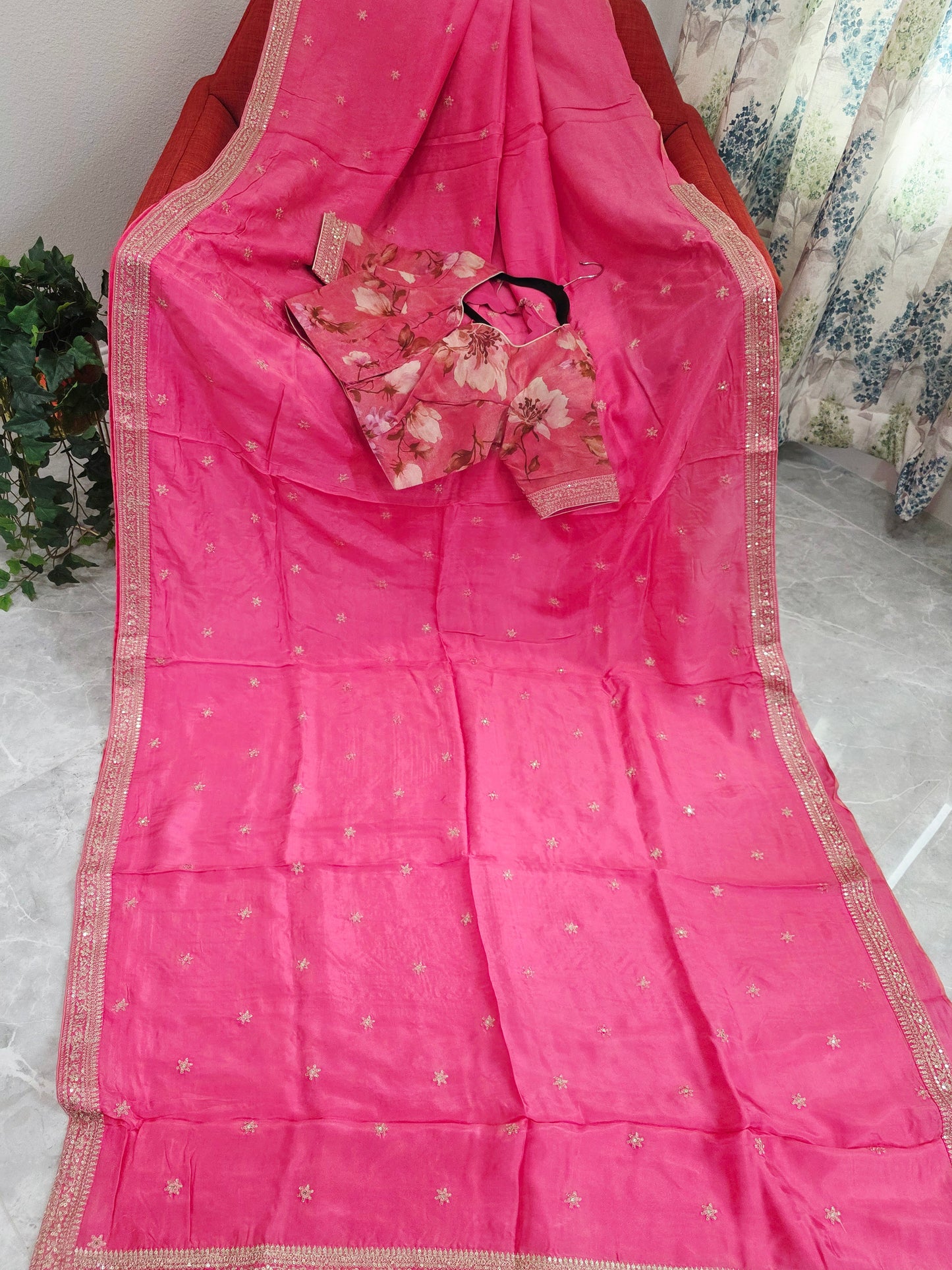 Radiant Rani Pink Sabyasachi Inspired Viscose Crepe Silk Saree with Floral Designer Blouse