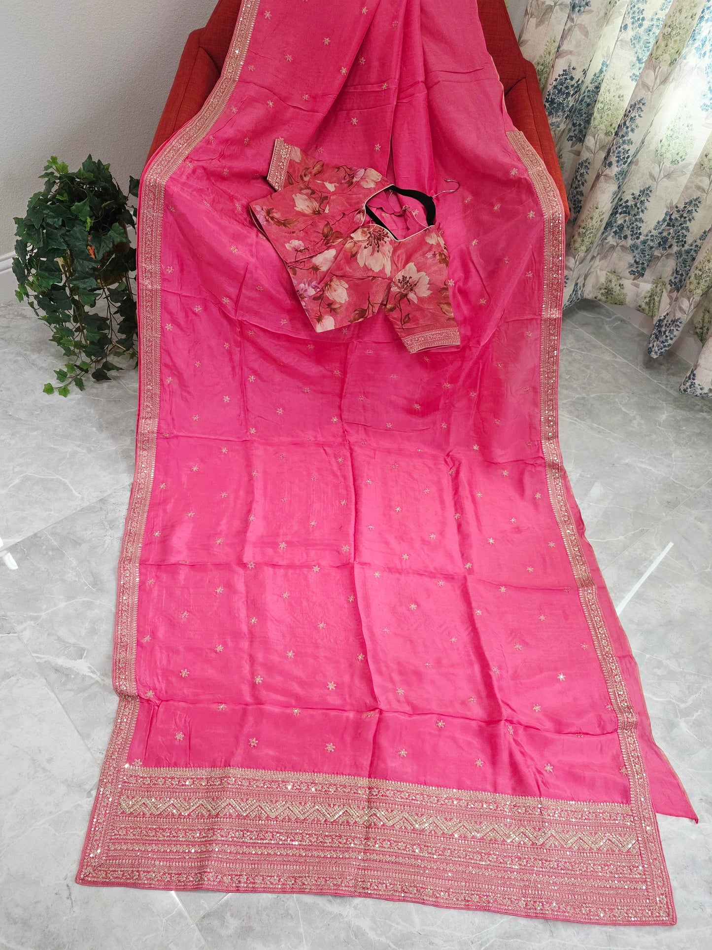 Radiant Rani Pink Sabyasachi Inspired Viscose Crepe Silk Saree with Floral Designer Blouse