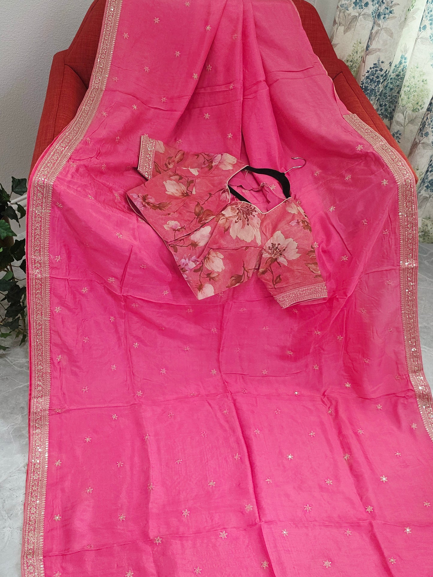 Radiant Rani Pink Sabyasachi Inspired Viscose Crepe Silk Saree with Floral Designer Blouse
