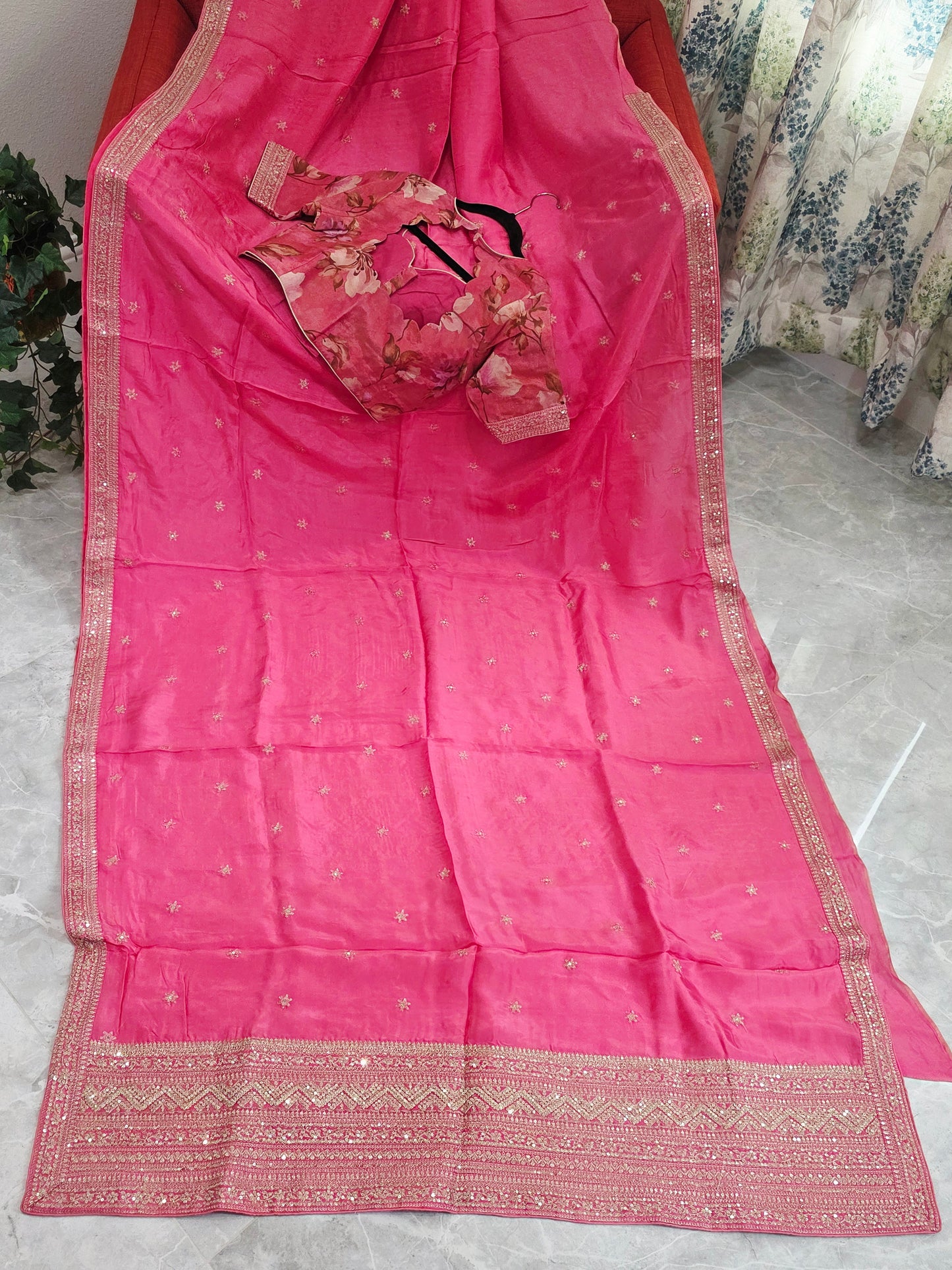 Radiant Rani Pink Sabyasachi Inspired Viscose Crepe Silk Saree with Floral Designer Blouse