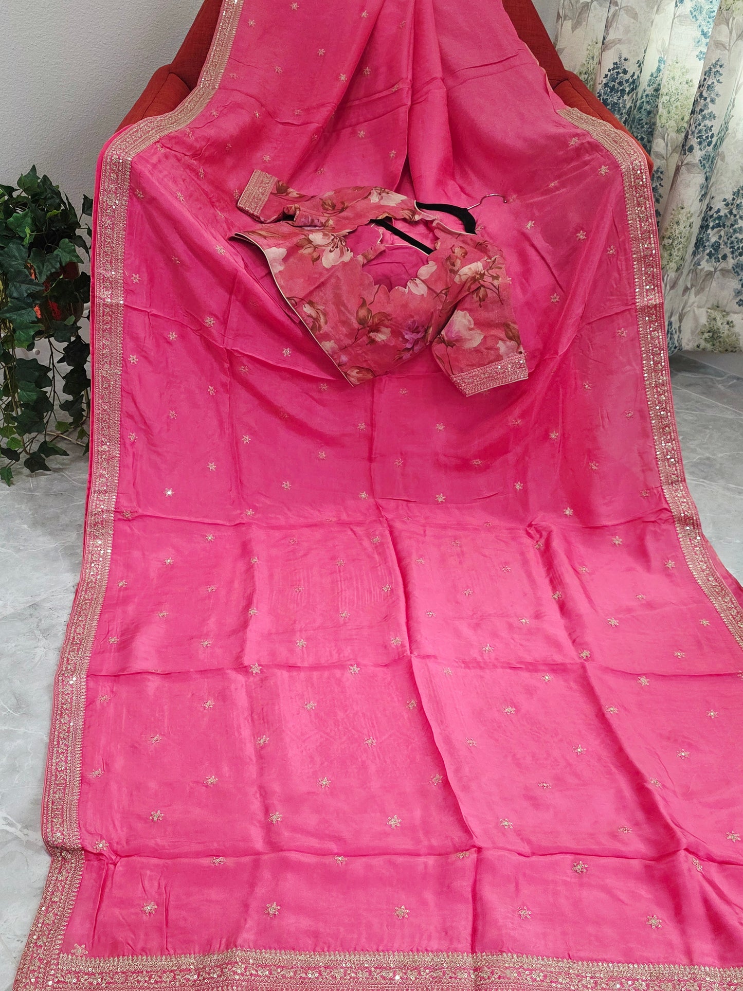 Radiant Rani Pink Sabyasachi Inspired Viscose Crepe Silk Saree with Floral Designer Blouse