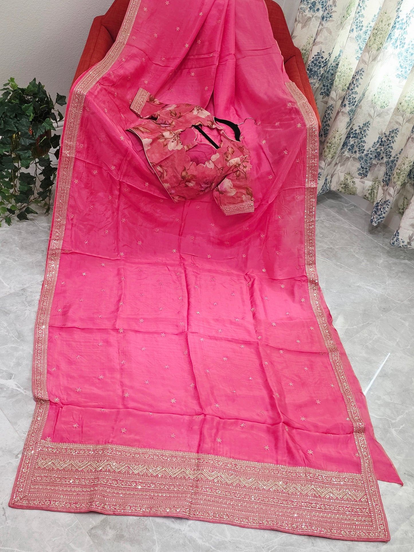 Radiant Rani Pink Sabyasachi Inspired Viscose Crepe Silk Saree with Floral Designer Blouse
