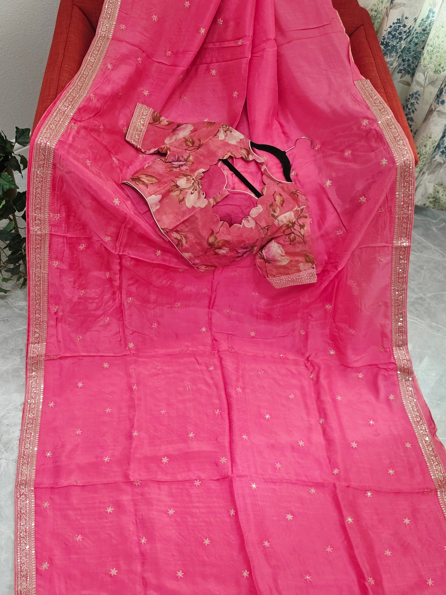 Radiant Rani Pink Sabyasachi Inspired Viscose Crepe Silk Saree with Floral Designer Blouse